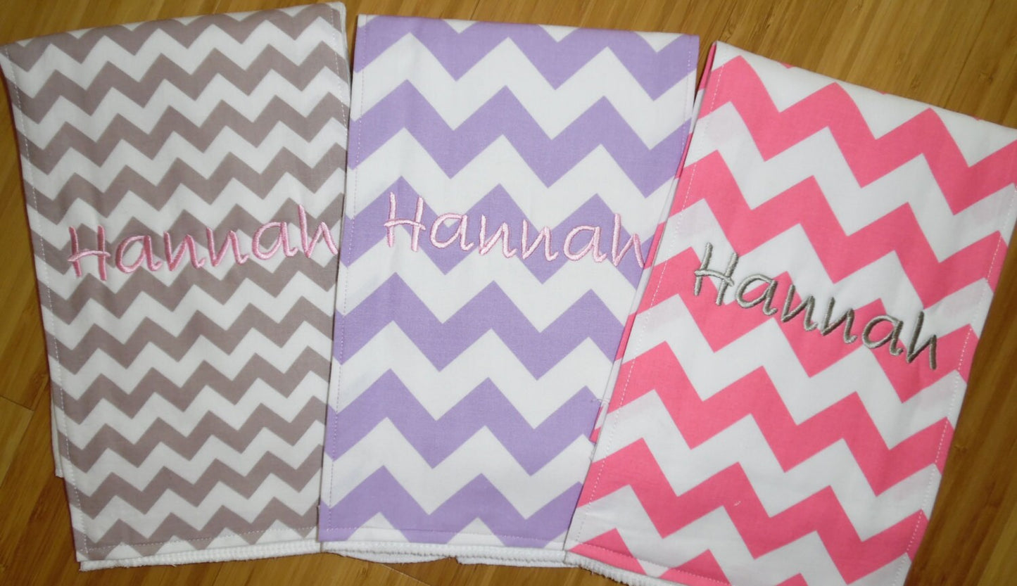 Set of 3 Personalized Burp Cloths - Pink, Lavender & Grey Chevron - Riley Blake