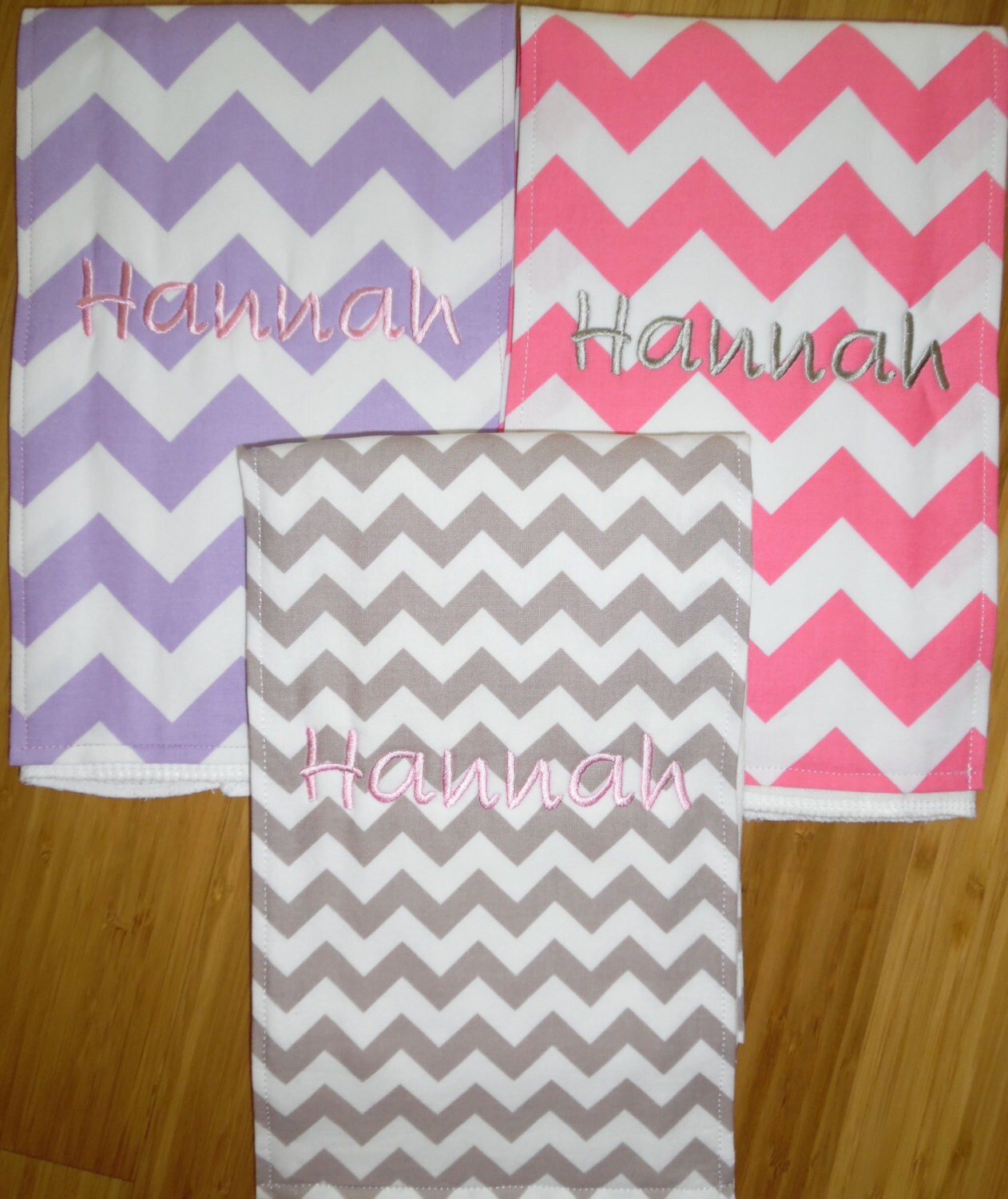 Set of 3 Personalized Burp Cloths - Pink, Lavender & Grey Chevron - Riley Blake