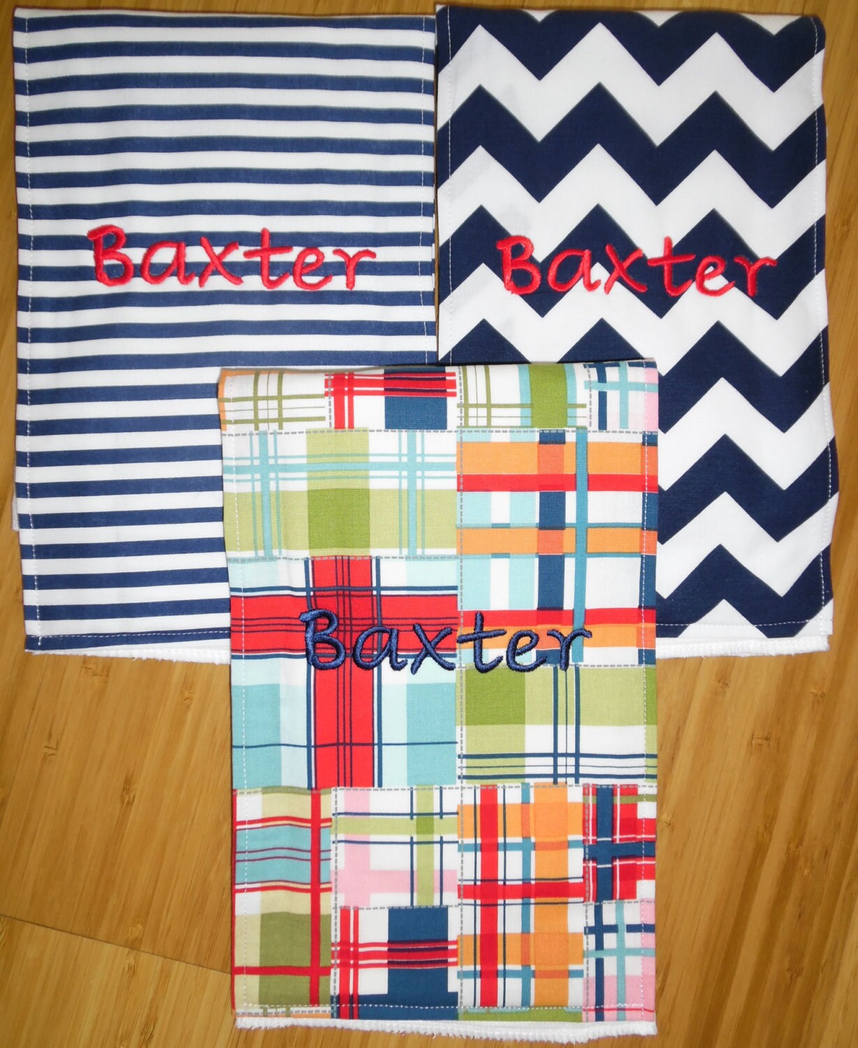 Set of 3 Personalized Burp Cloths - Madras, Navy Stripes & Navy Chevron