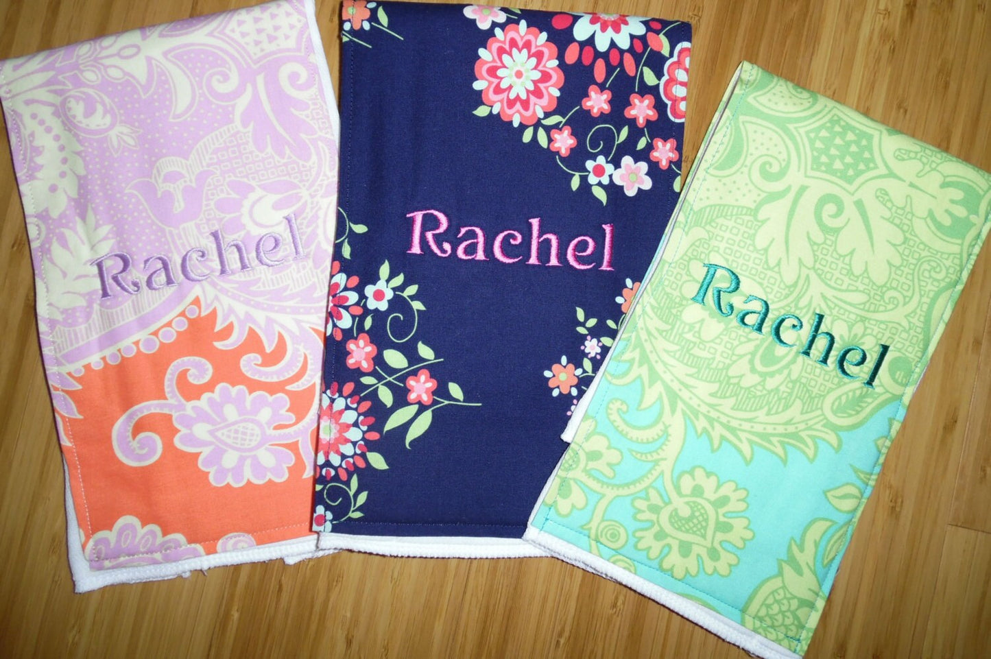 Set of 3 Personalized Burp Cloth - Amy Butler Prints - Turquoise and Tangerine Sandlewood, Midnight Love Momento