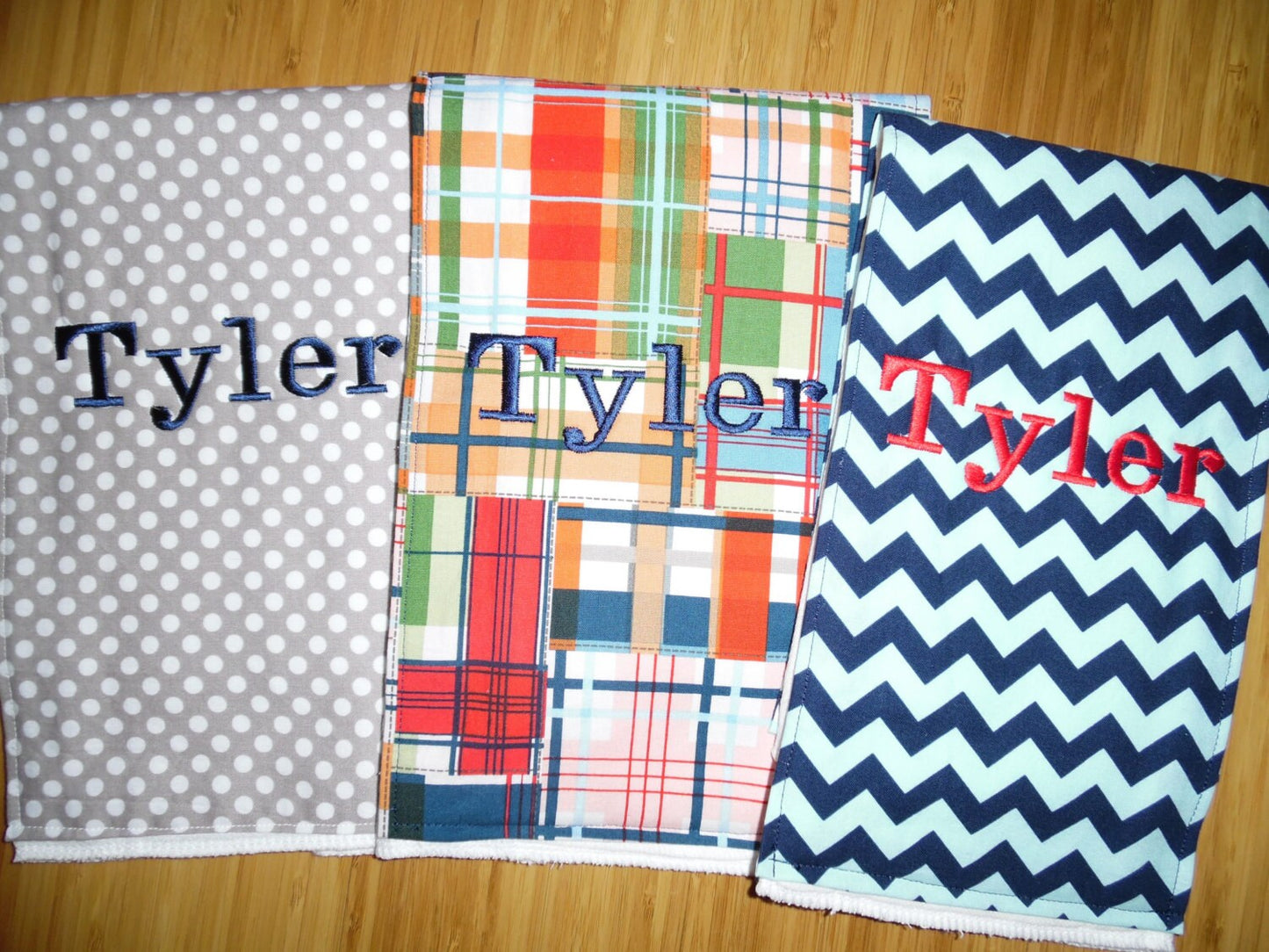 Set of 3 Personalized Burp Cloths - Madras, Grey Polka Dots & Navy / Aqua Chevron