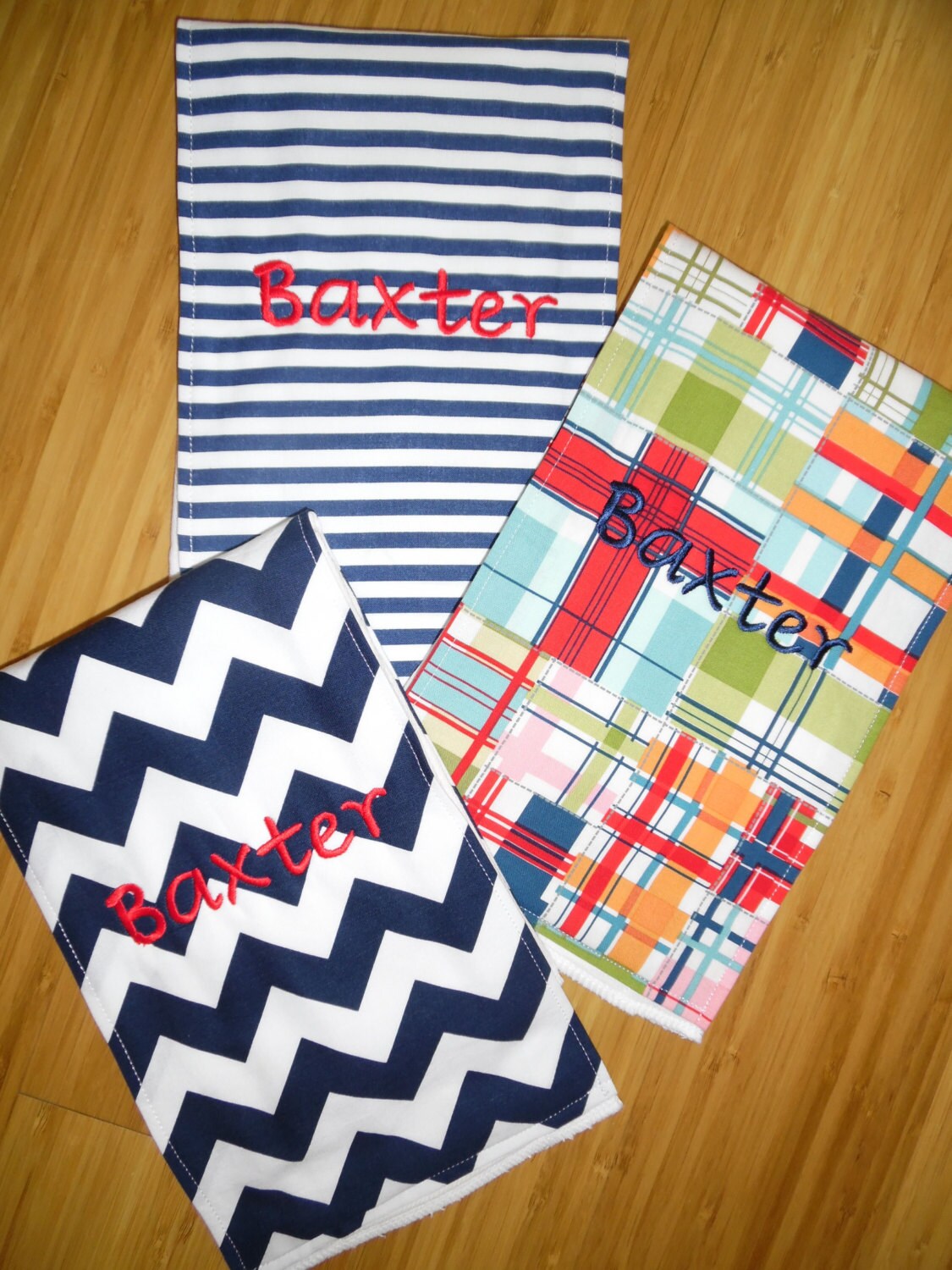 Set of 3 Personalized Burp Cloths - Madras, Navy Stripes & Navy Chevron