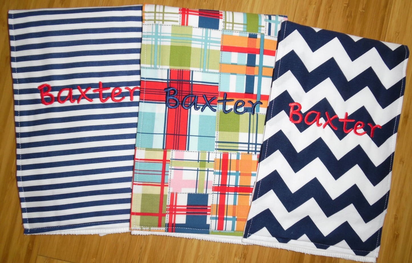 Set of 3 Personalized Burp Cloths - Madras, Navy Stripes & Navy Chevron