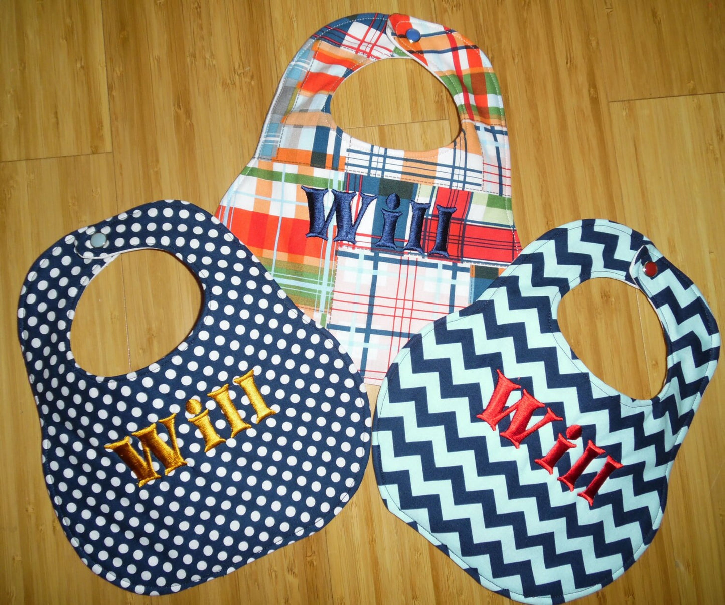 Set of 3 Personalized bibs - Madras, Navy Polka Dots, Navy and Aqua Chevron