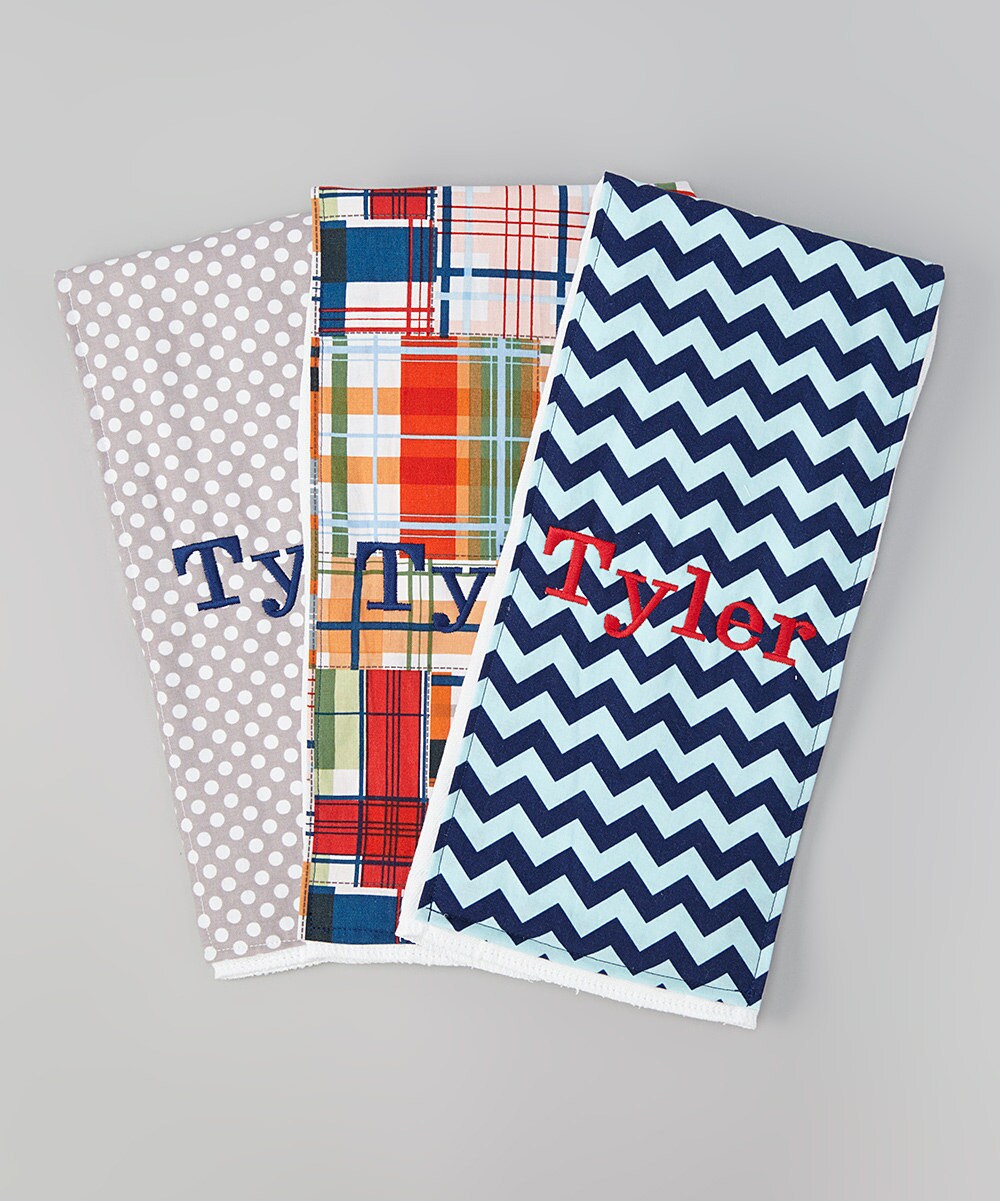 Set of 3 Personalized Burp Cloths - Madras, Grey Polka Dots & Navy / Aqua Chevron