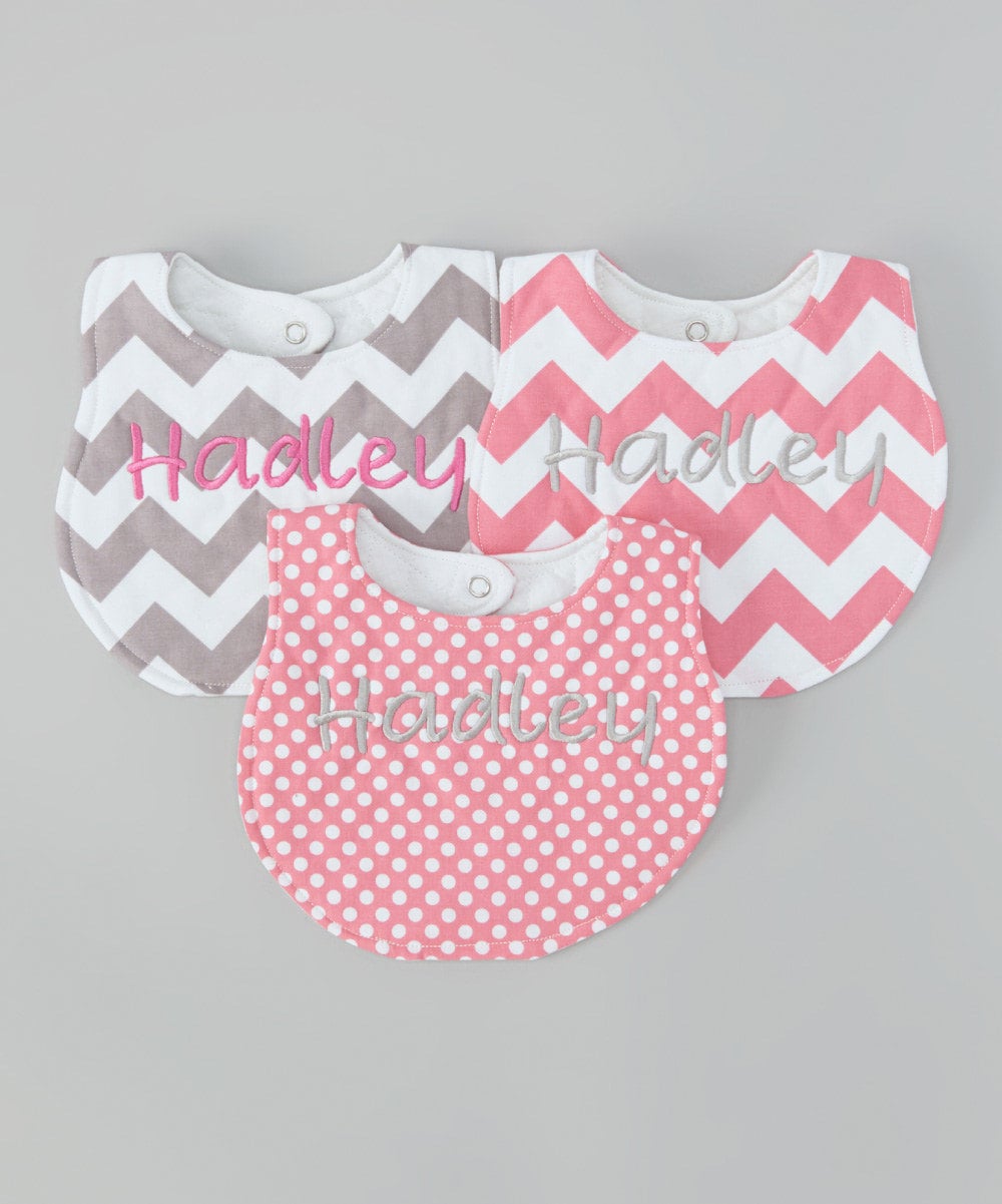 Set of 3 Personalized Bibs - Pink Chevron & Polka Dots Set