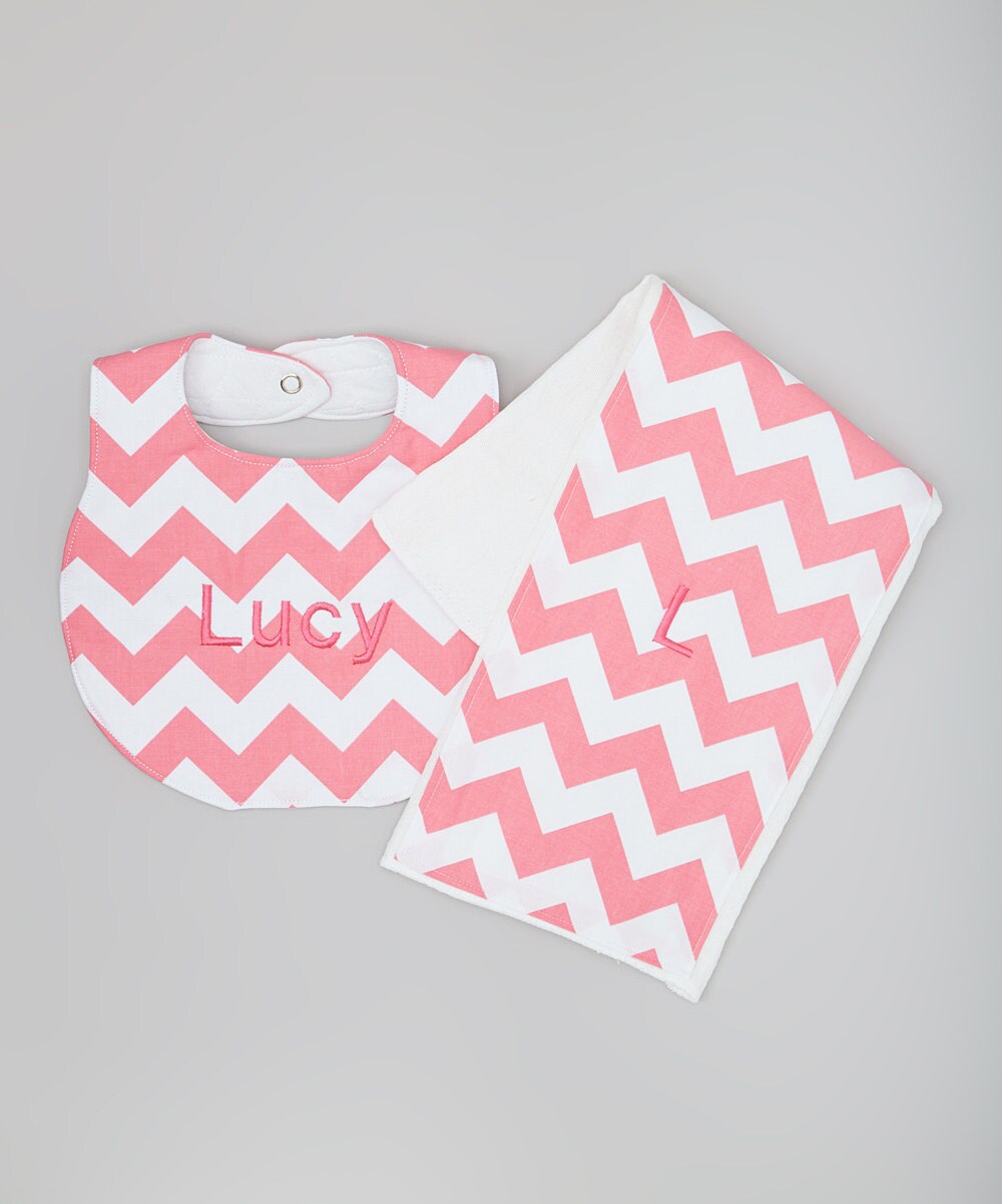 Personalized Hot Pink Chevron Boutique Bib and Burp Cloth set