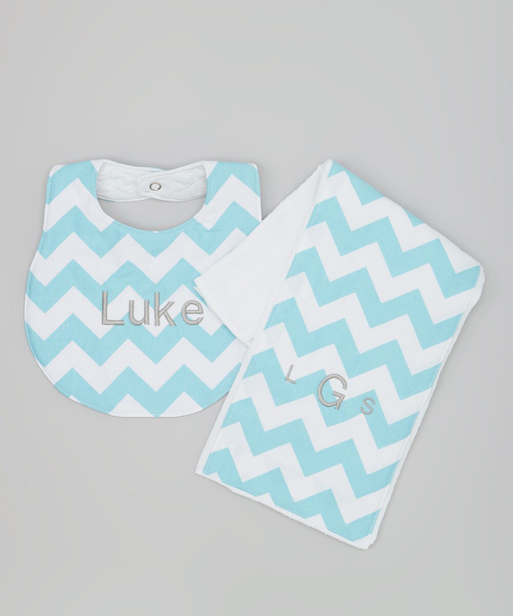 Personalized Aqua Blue Chevron Boutique Bib and Burp Cloth set