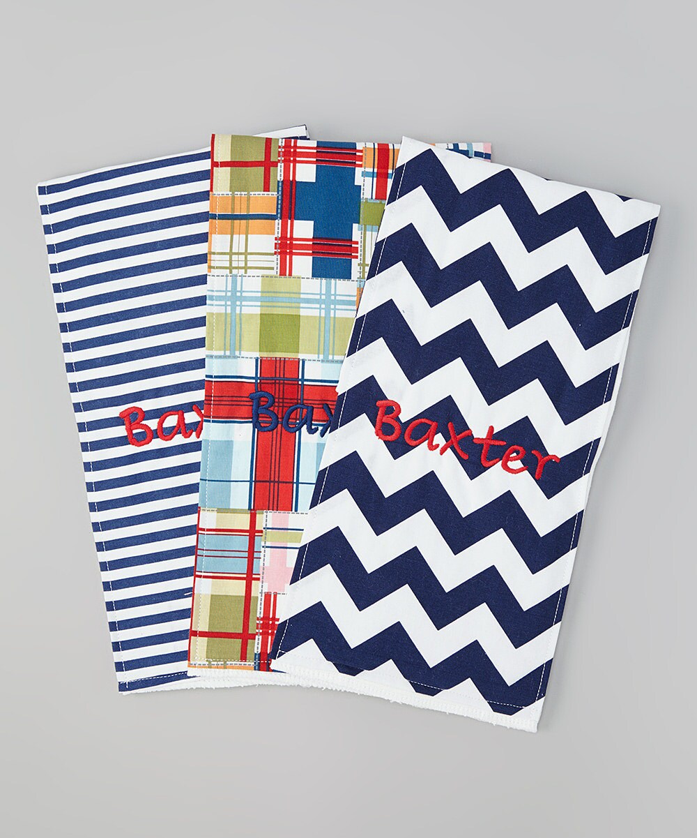 Set of 3 Personalized Burp Cloths - Madras, Navy Stripes & Navy Chevron