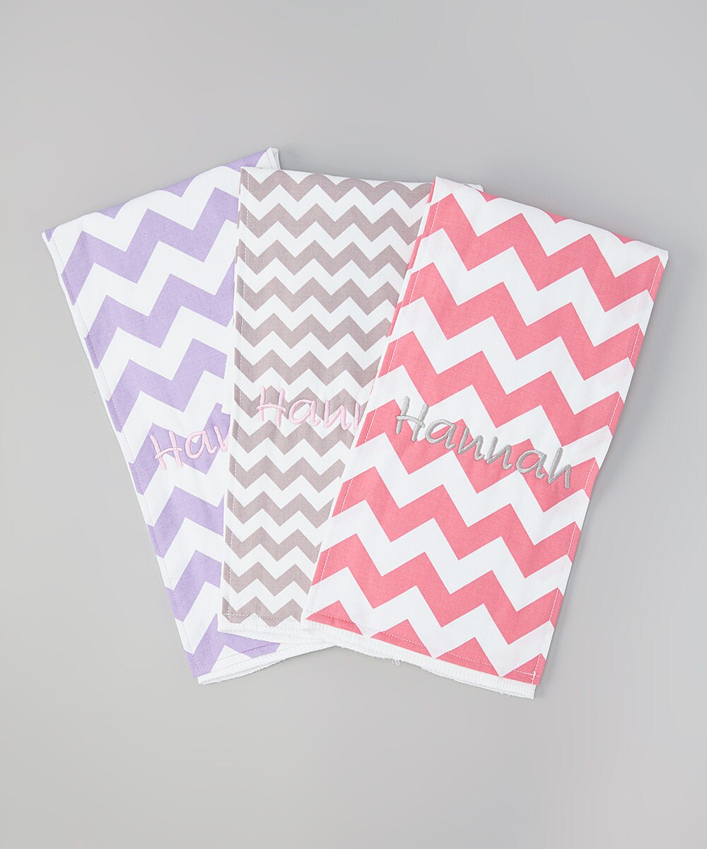 Set of 3 Personalized Burp Cloths - Pink, Lavender & Grey Chevron - Riley Blake