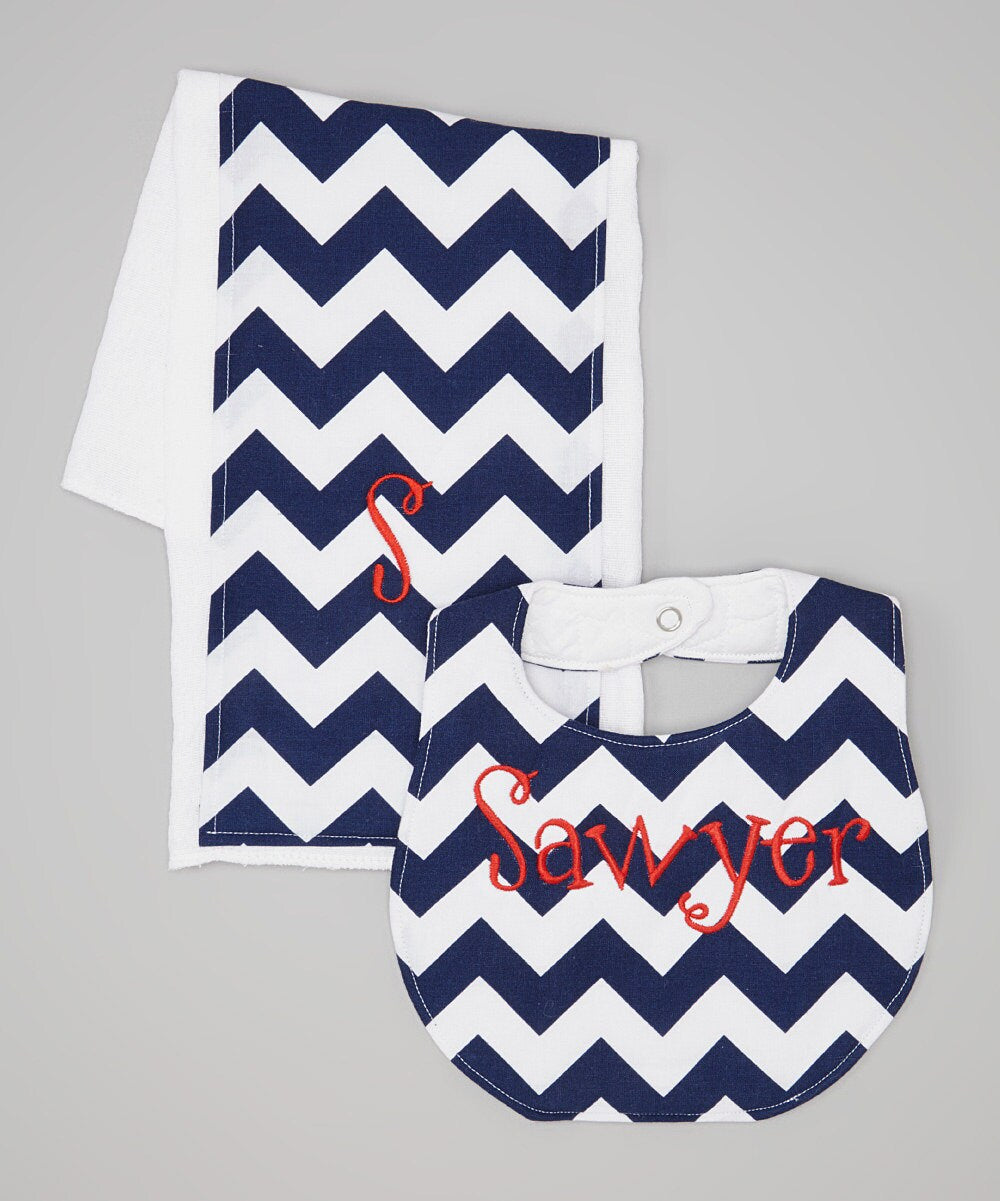 Personalized Bib and Burp Set - Navy Blue Chevron Boutique Bib and Burp Cloth set