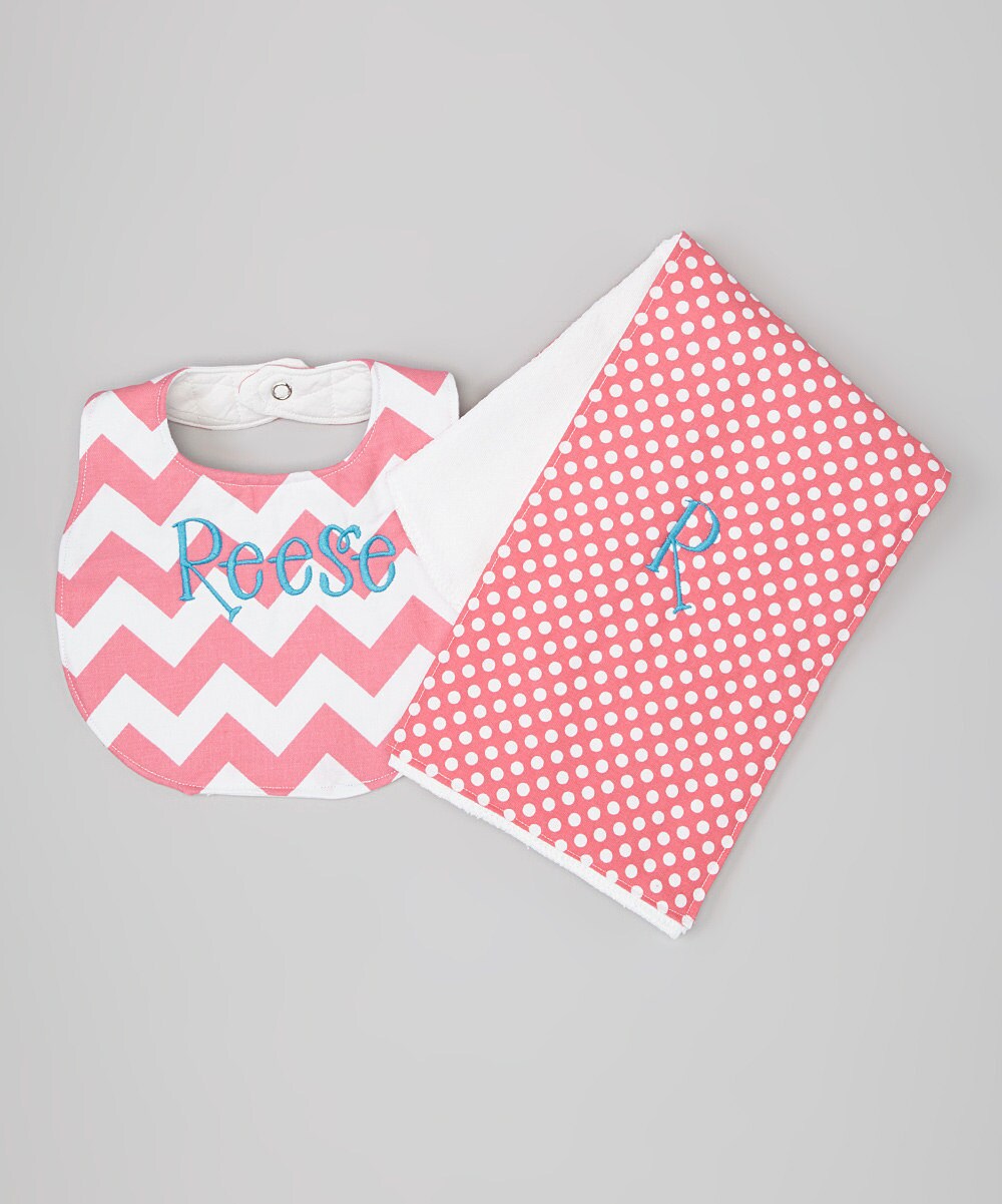 Personalized Hot Pink Chevron Boutique Bib & Hot Pink Polka Dot Burp Cloth set