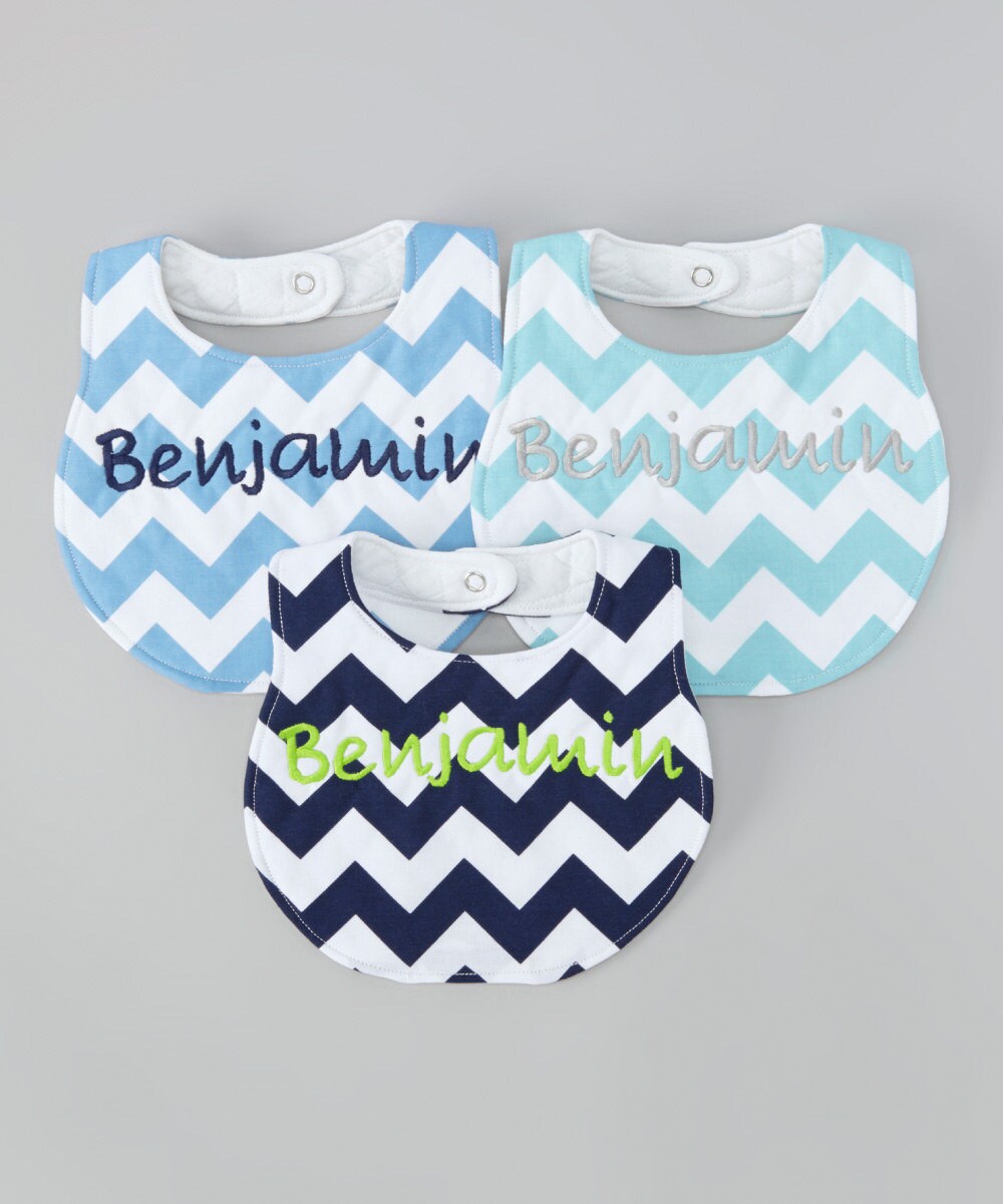 Set of 3 - Personalized Bib Set - Blue Chevron Set