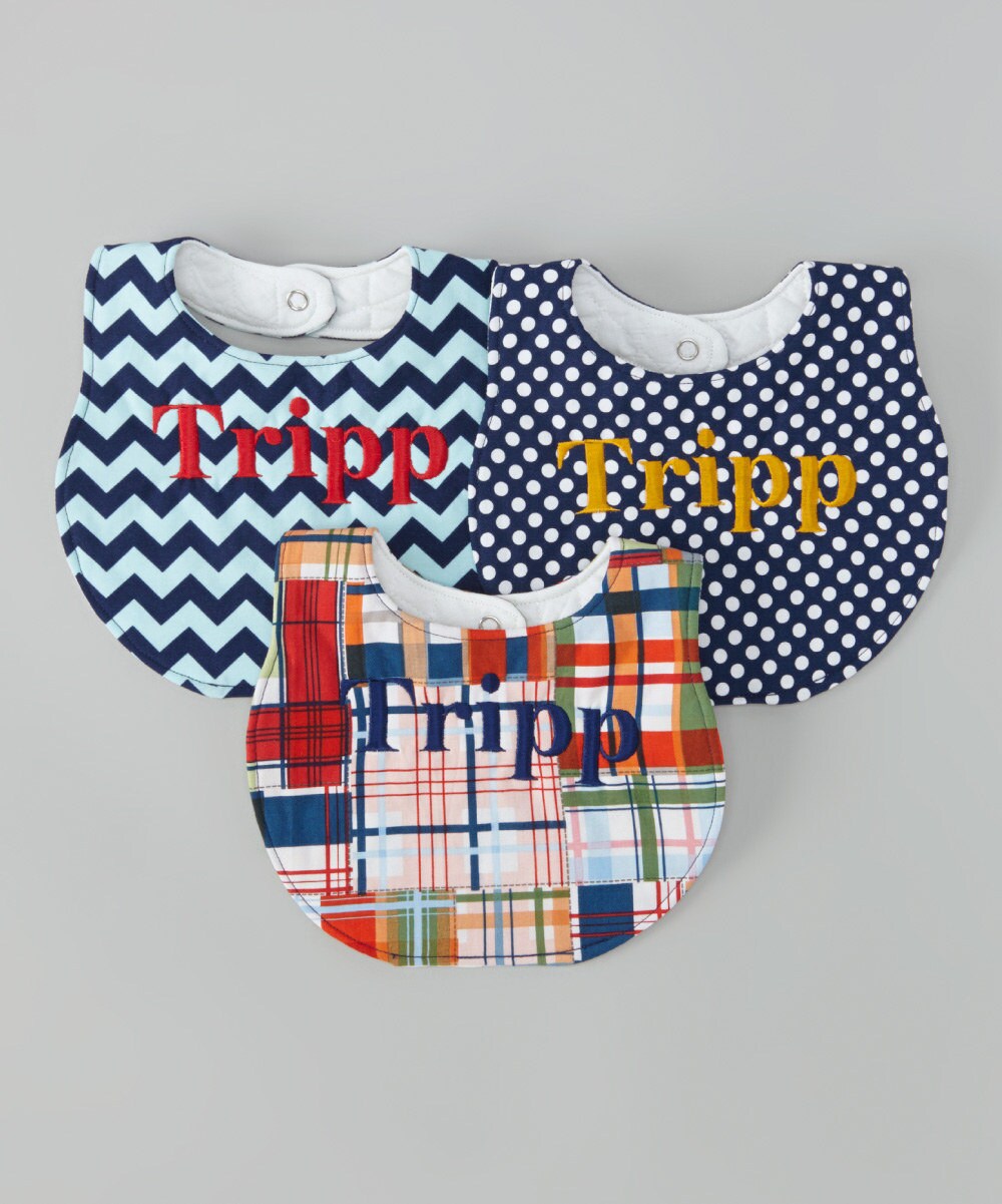 Set of 3 Personalized bibs - Madras, Navy Polka Dots, Navy and Aqua Chevron