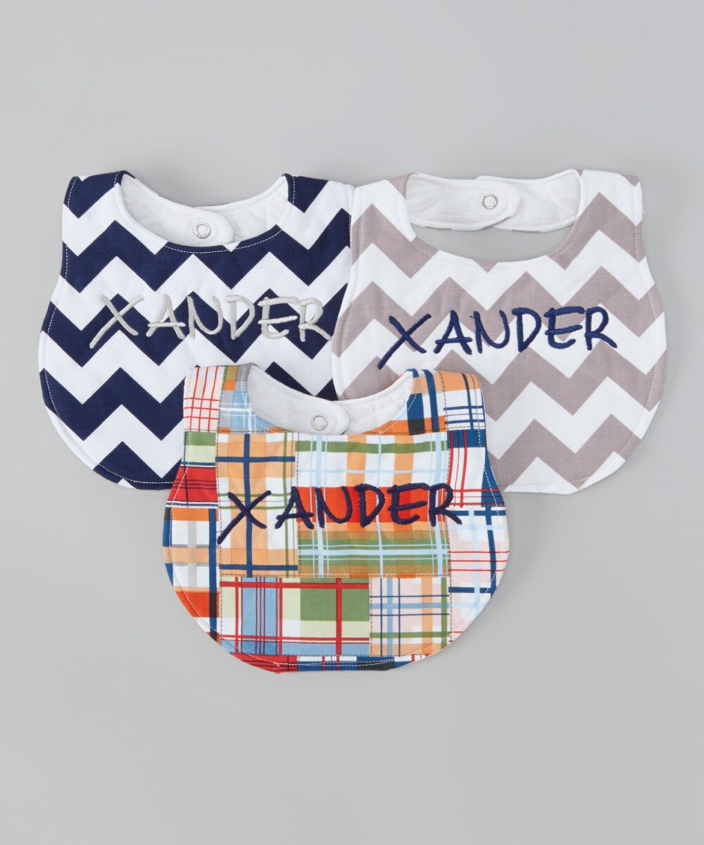 Set of 3 Personalized Bibs - Navy & Grey Chevron and Madras