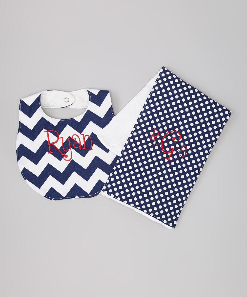 Personalized Bib and Burp Cloth set -Navy Chevron Boutique Bib and Navy Polka Dot Burp Cloth set - Custom Monogram