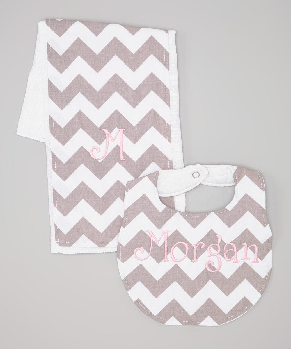 Personalized Grey Chevron Boutique Bib and Burp Cloth set