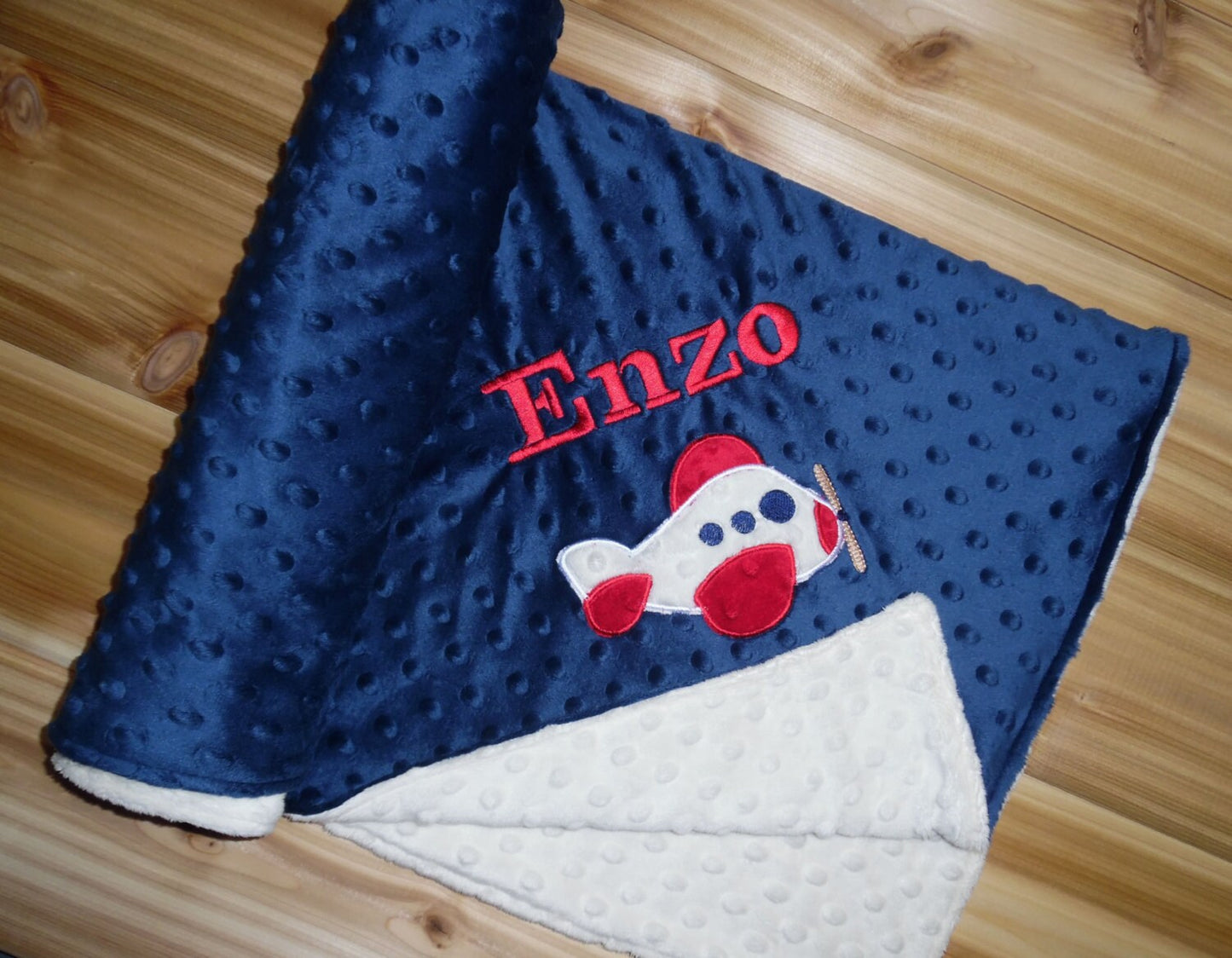 Airplane - Personalized Minky Blanket - Ivory / Navy  Minky - Embroidered Airplane