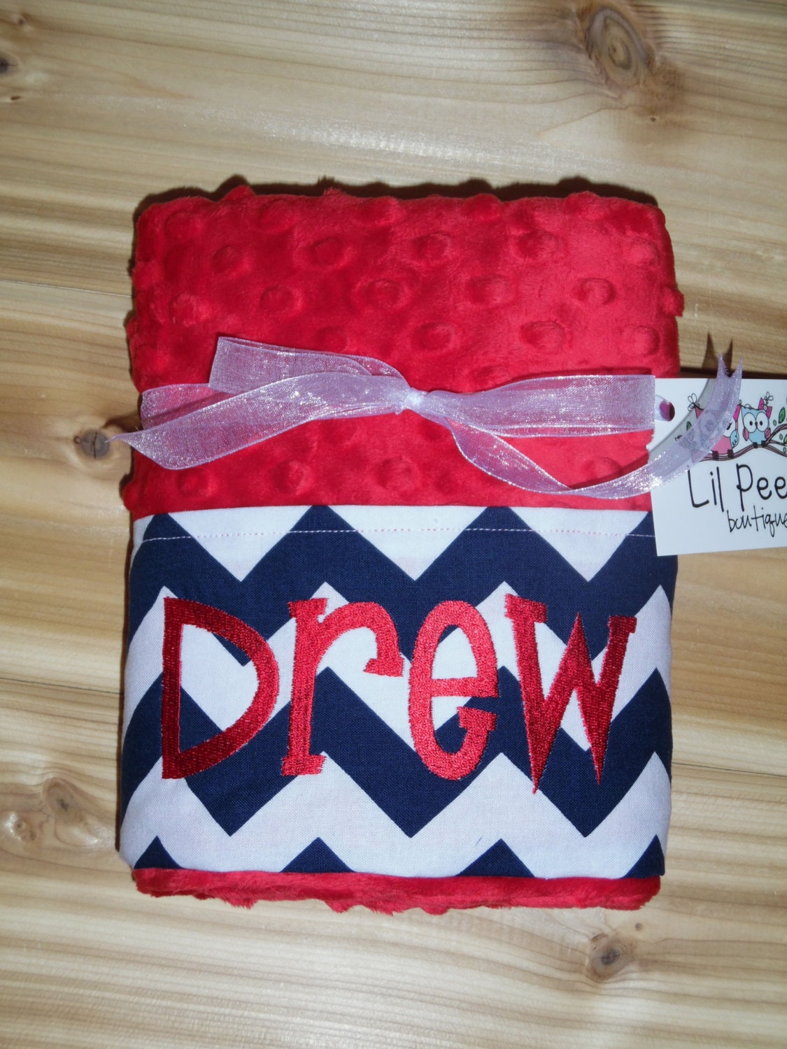 Pillowcase -Personalized Minky Pillowcase  -Red Minky & Navy Chevron