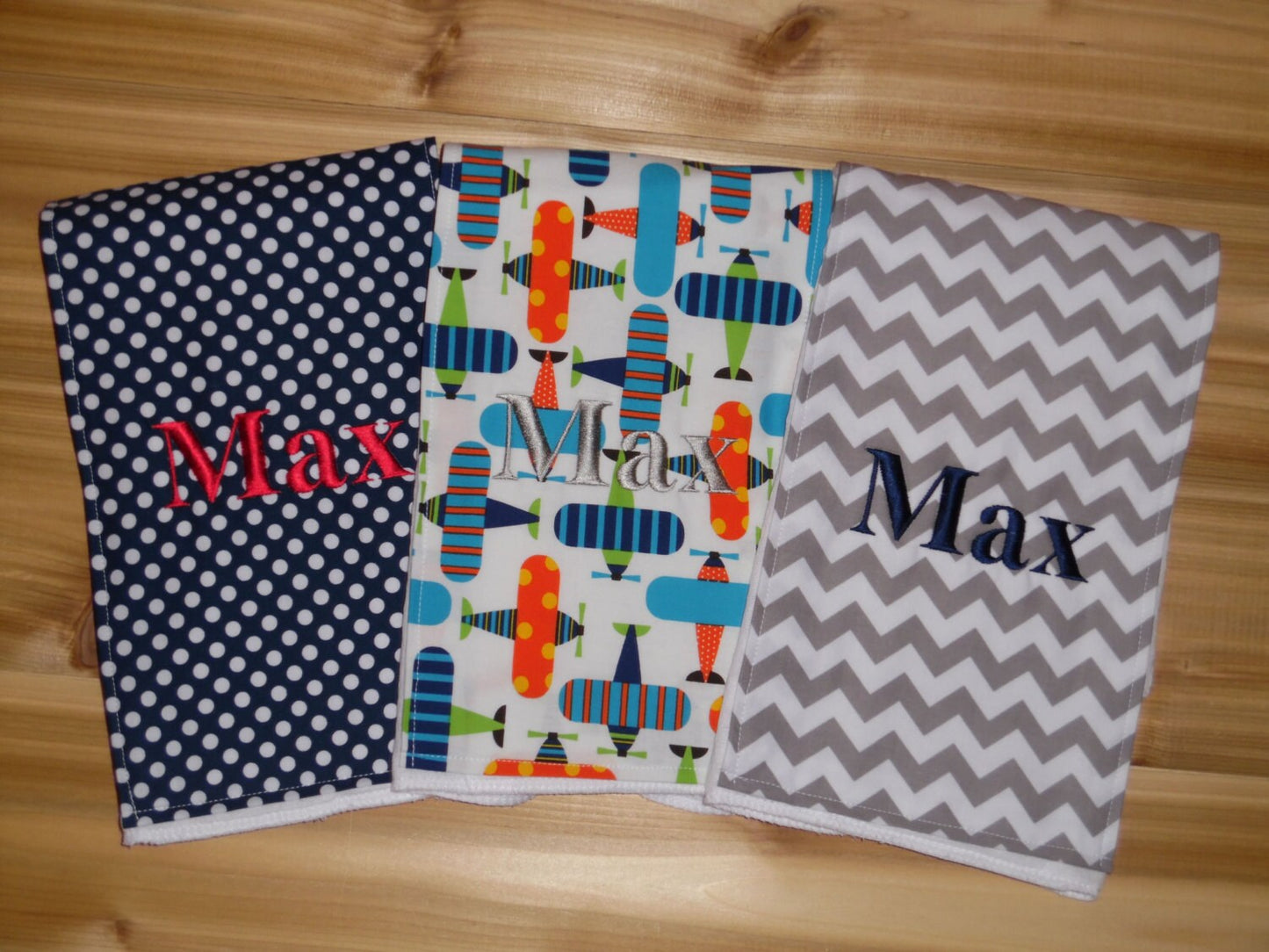 Personalized Burp Cloth Set of 3 - Navy Stripes or Polka Dots, Grey Chevron and Airplanes