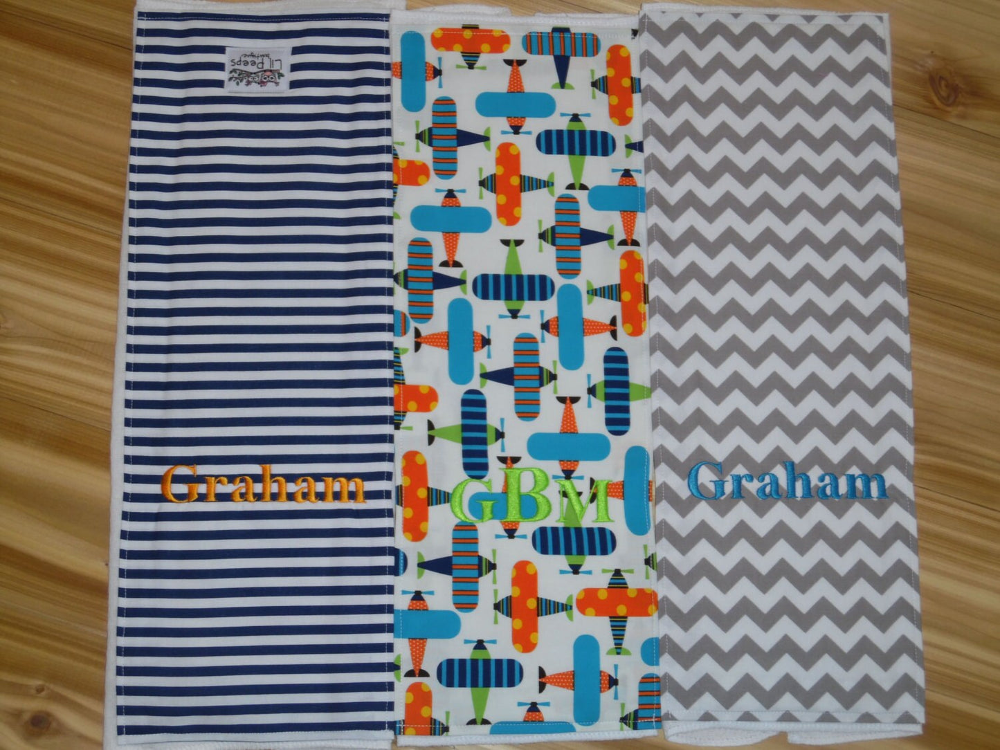 Personalized Burp Cloth Set of 3 - Navy Stripes or Polka Dots, Grey Chevron and Airplanes