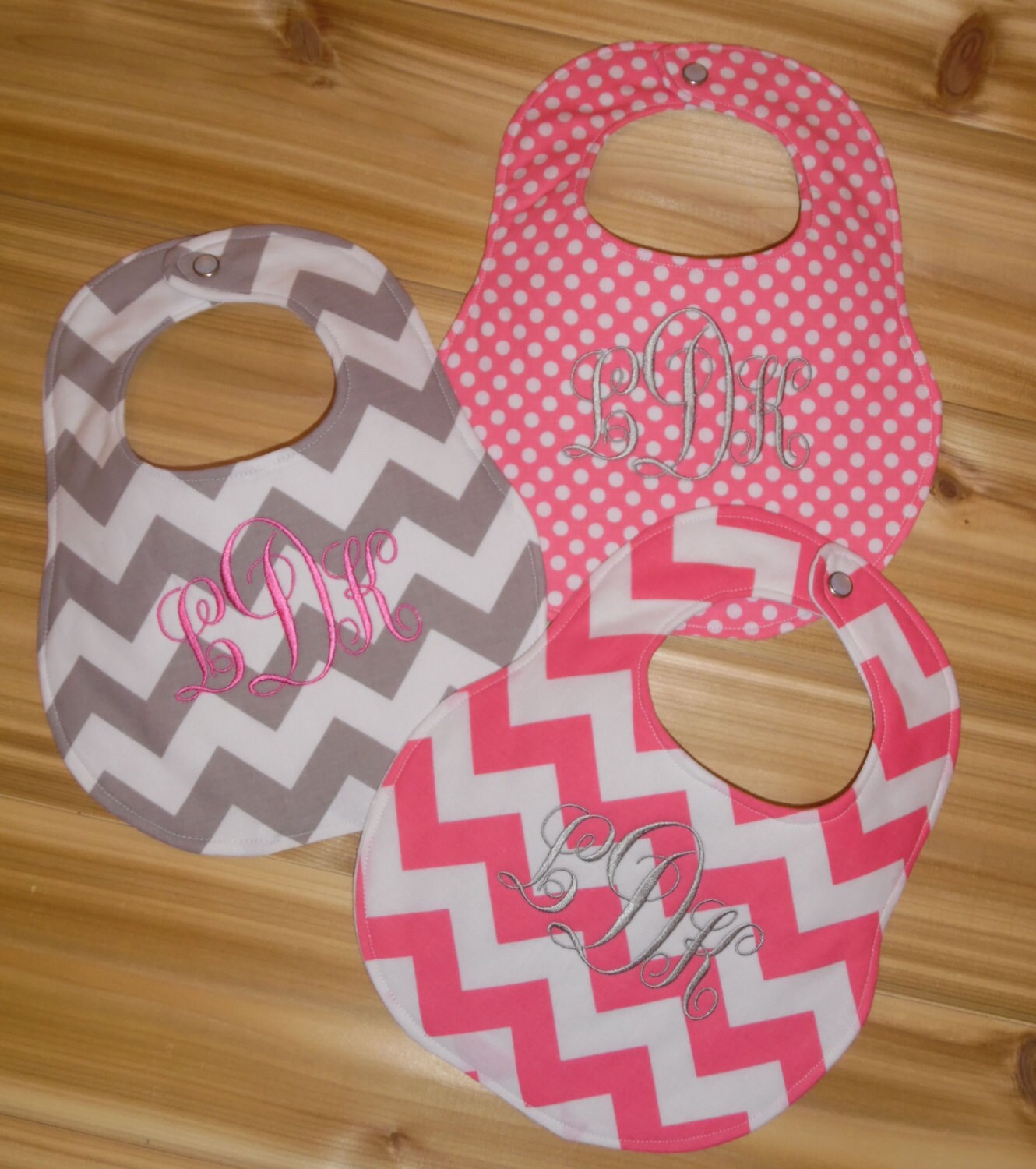 Set of 3 Personalized Bibs - Pink Chevron & Polka Dots Set