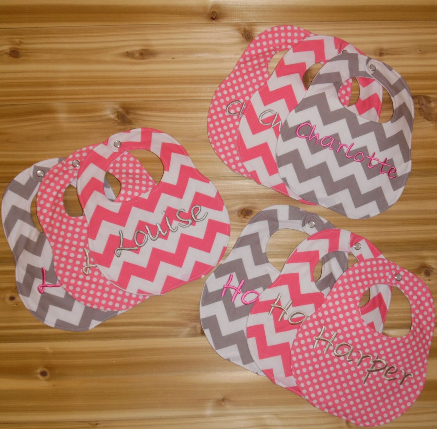 Set of 3 Personalized Bibs - Pink Chevron & Polka Dots Set