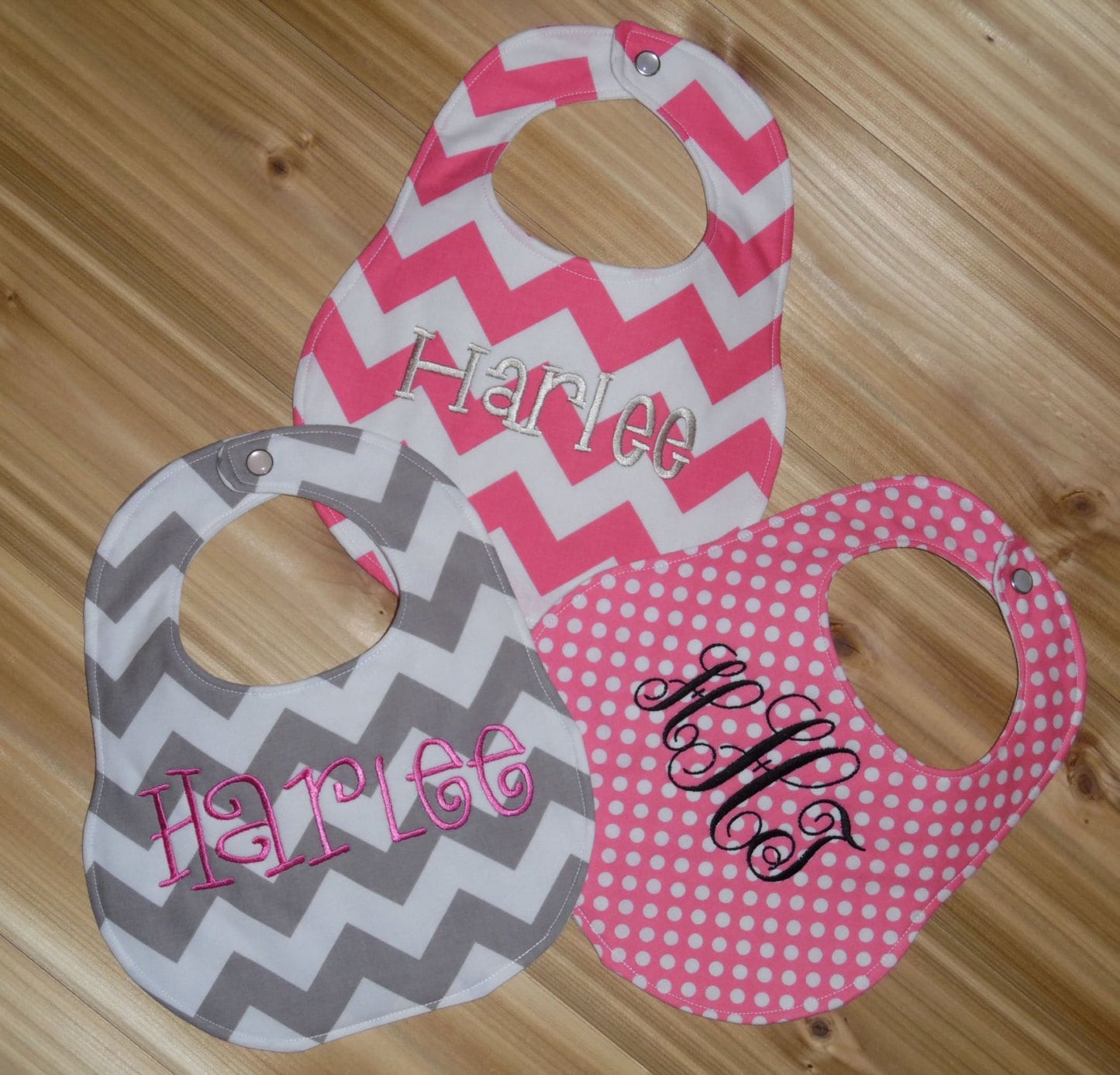 Set of 3 Personalized Bibs - Pink Chevron & Polka Dots Set