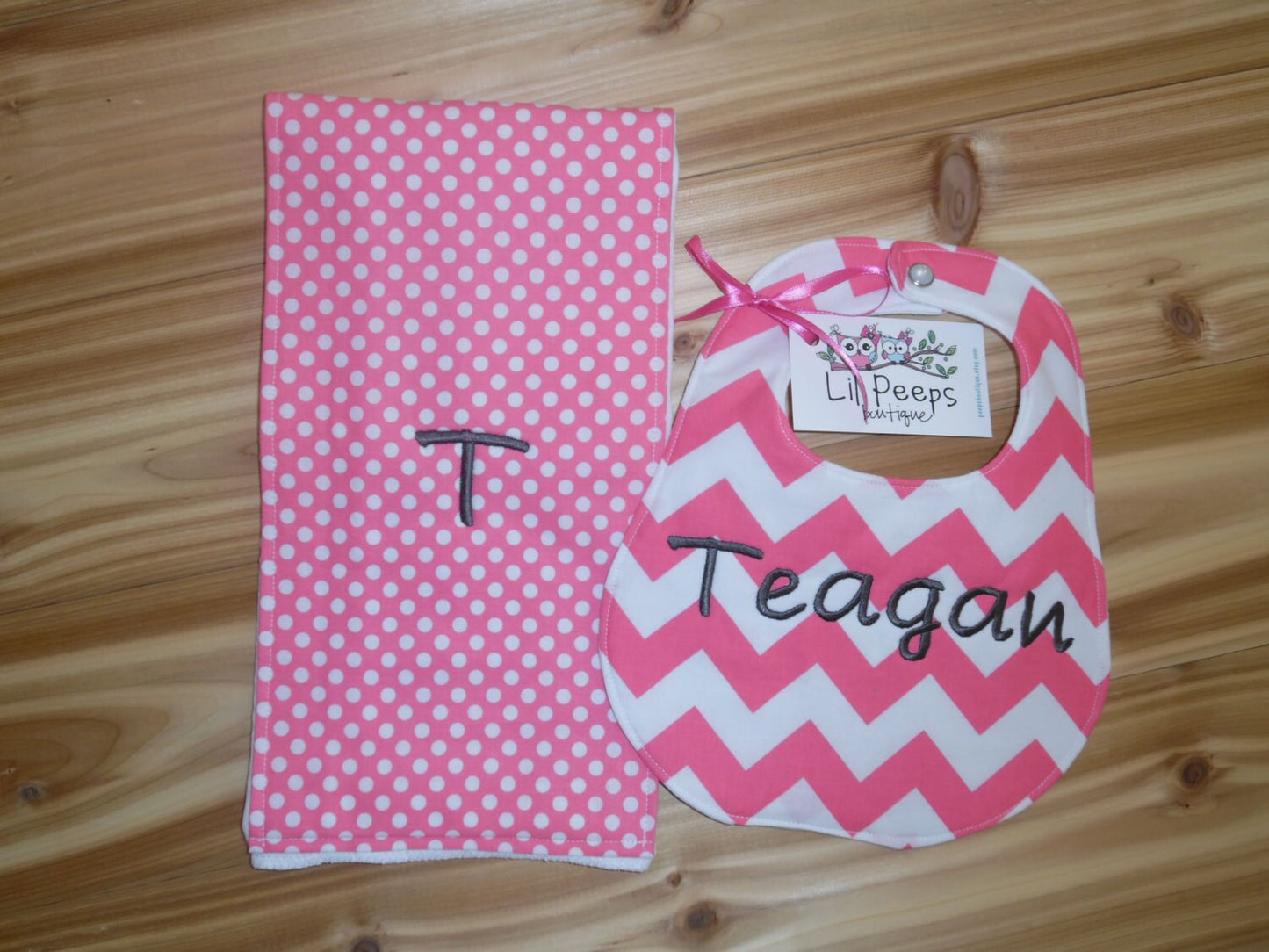 Personalized Hot Pink Chevron Boutique Bib & Hot Pink Polka Dot Burp Cloth set