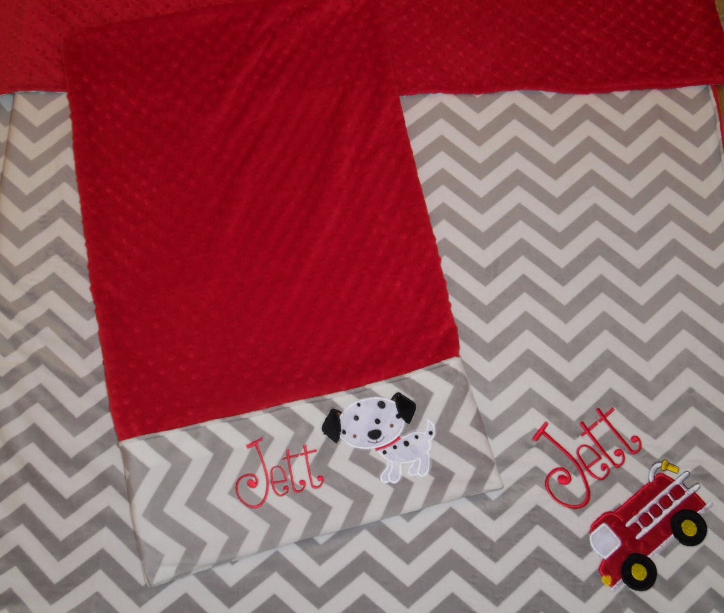 Firetruck Nap Set - Personalized Minky Blanket and Pillowcase with embroidered Firetruck - Travel or Standard Size