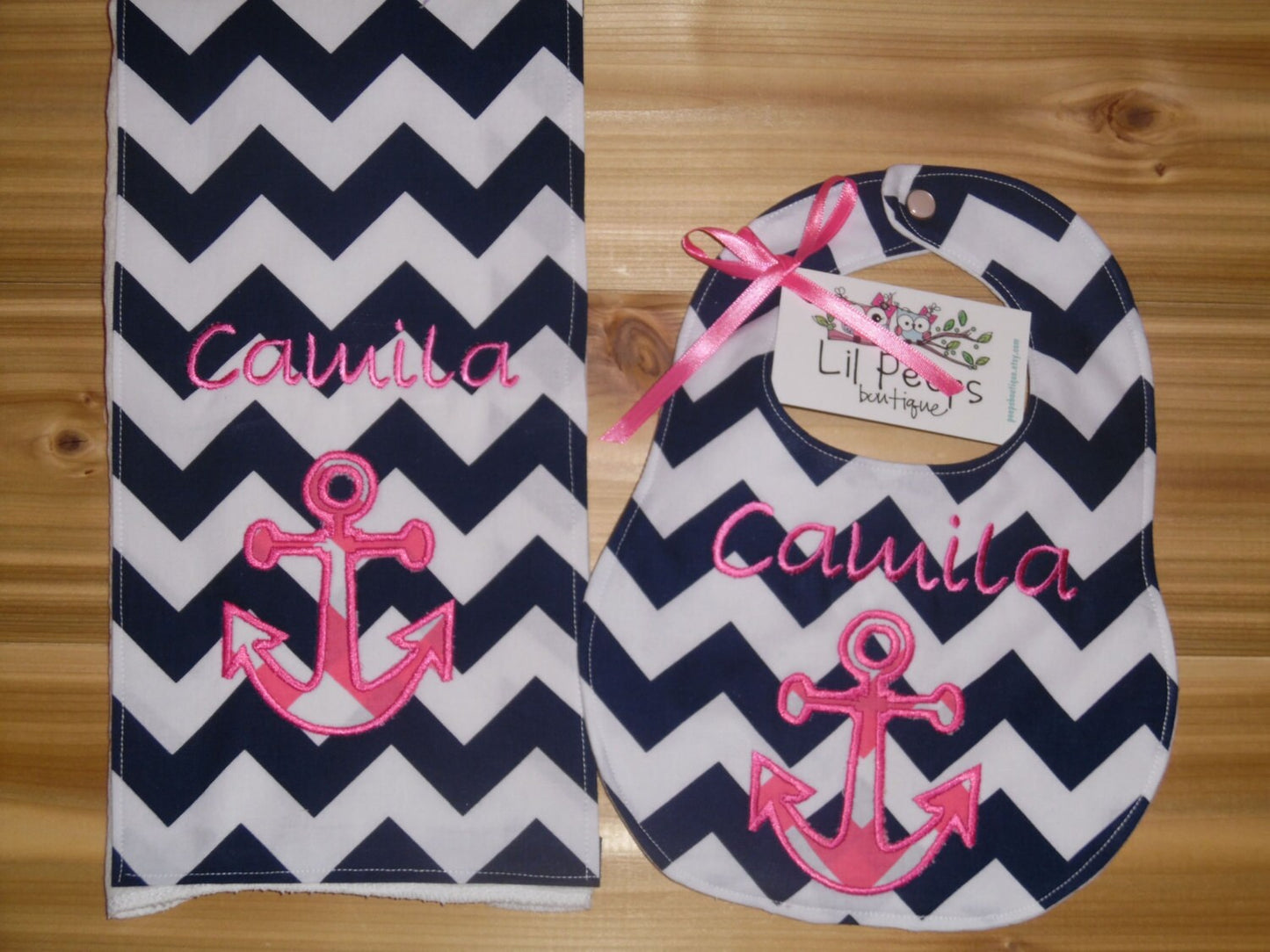 Anchor Bib & Burp Cloth - Personalized - Navy Chevron Boutique Bib and Burp Cloth set