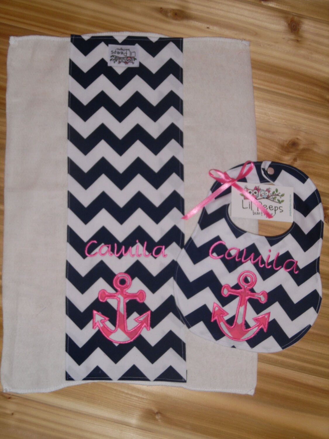 Anchor Bib & Burp Cloth - Personalized - Navy Chevron Boutique Bib and Burp Cloth set