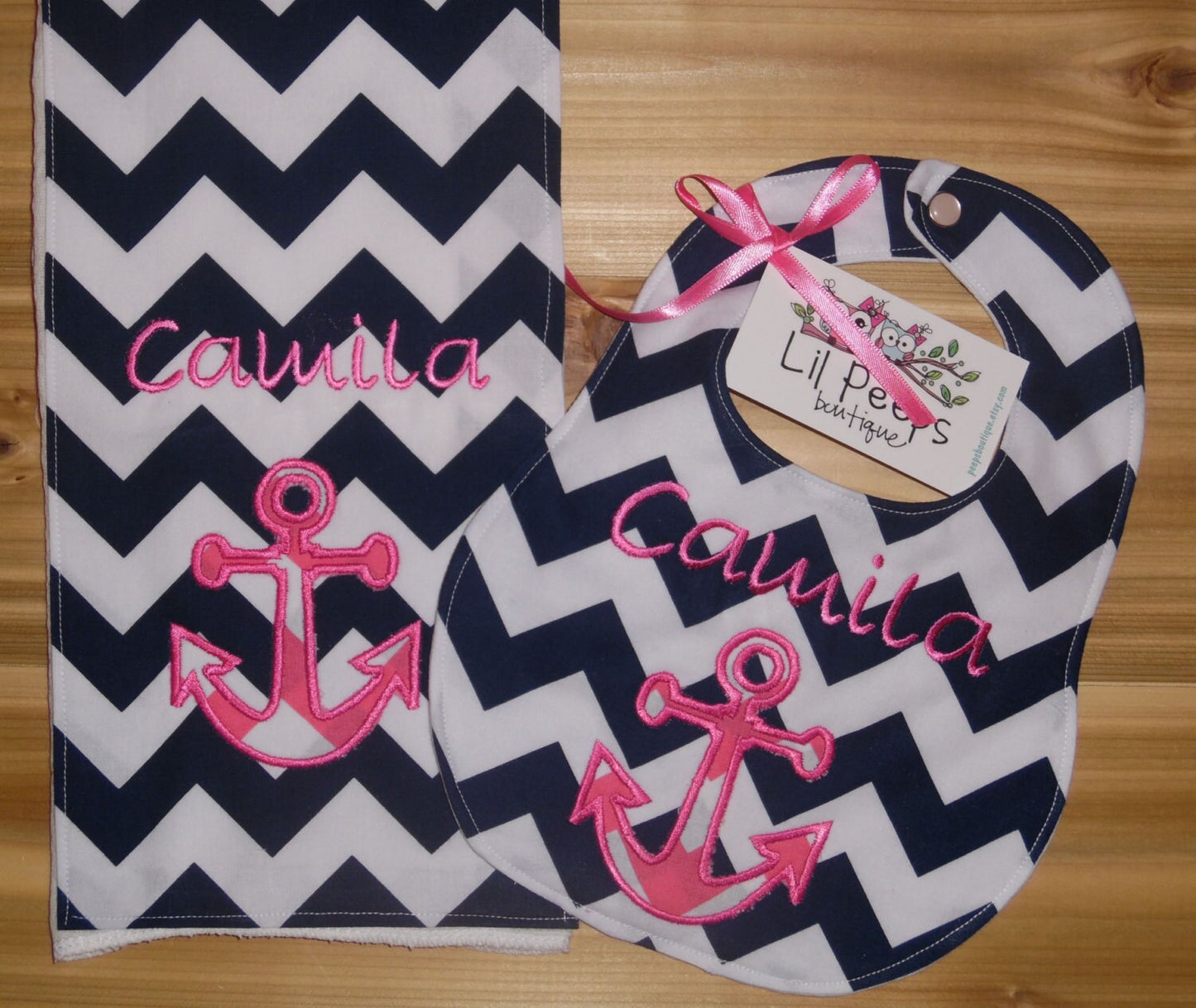 Anchor Bib & Burp Cloth - Personalized - Navy Chevron Boutique Bib and Burp Cloth set