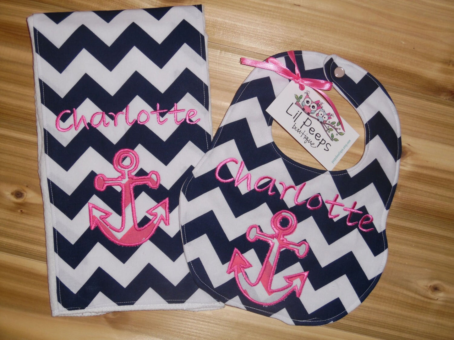 Anchor Bib & Burp Cloth - Personalized - Navy Chevron Boutique Bib and Burp Cloth set