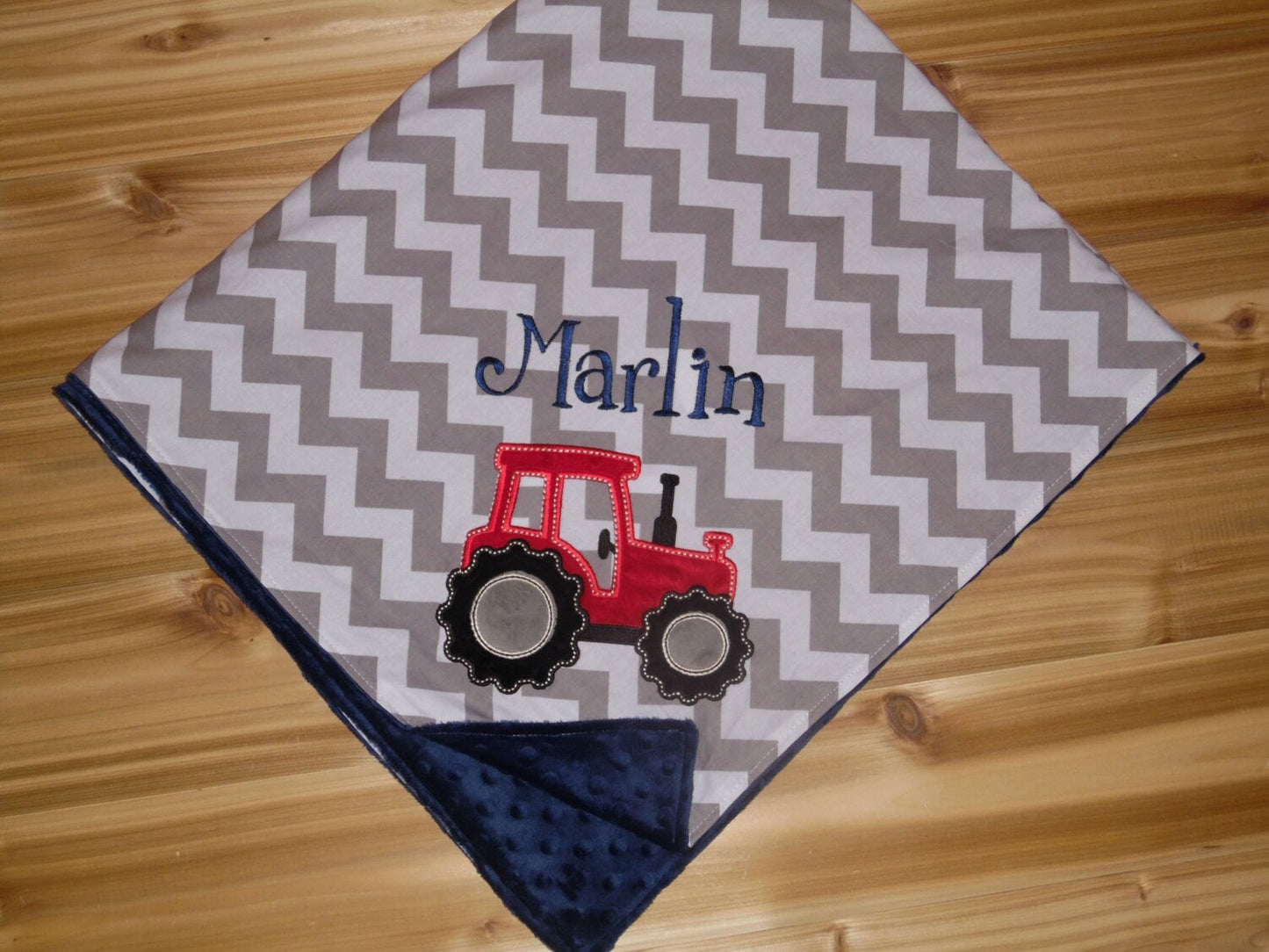 Tractor - Chevron & Minky Baby Blanket with Embroidered Tractor