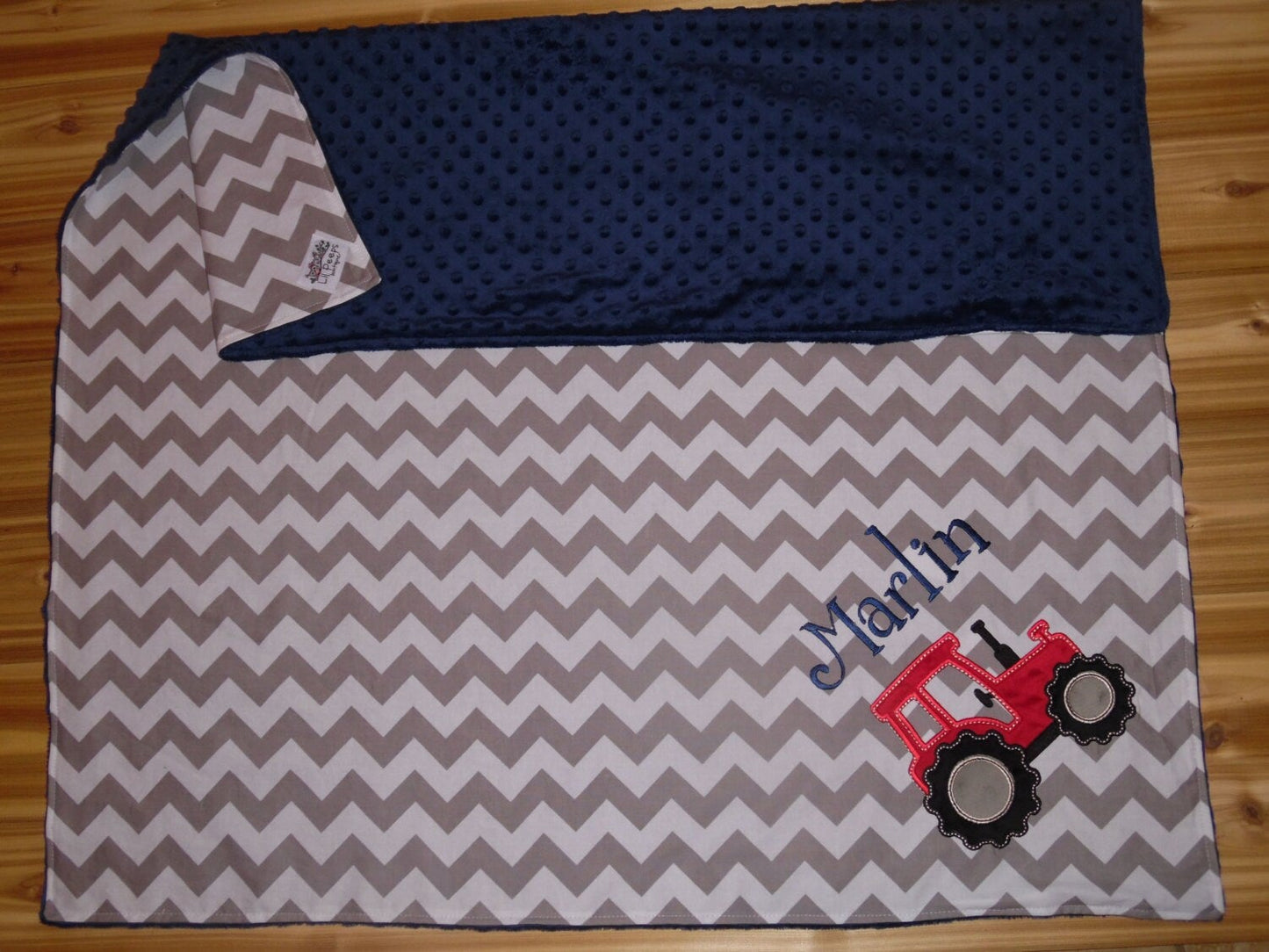 Tractor - Chevron & Minky Baby Blanket with Embroidered Tractor