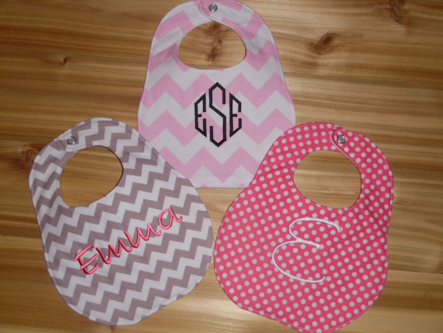 Set of 3- Personalized Bib Set - Pink and Grey - Chevron and Polka Dots