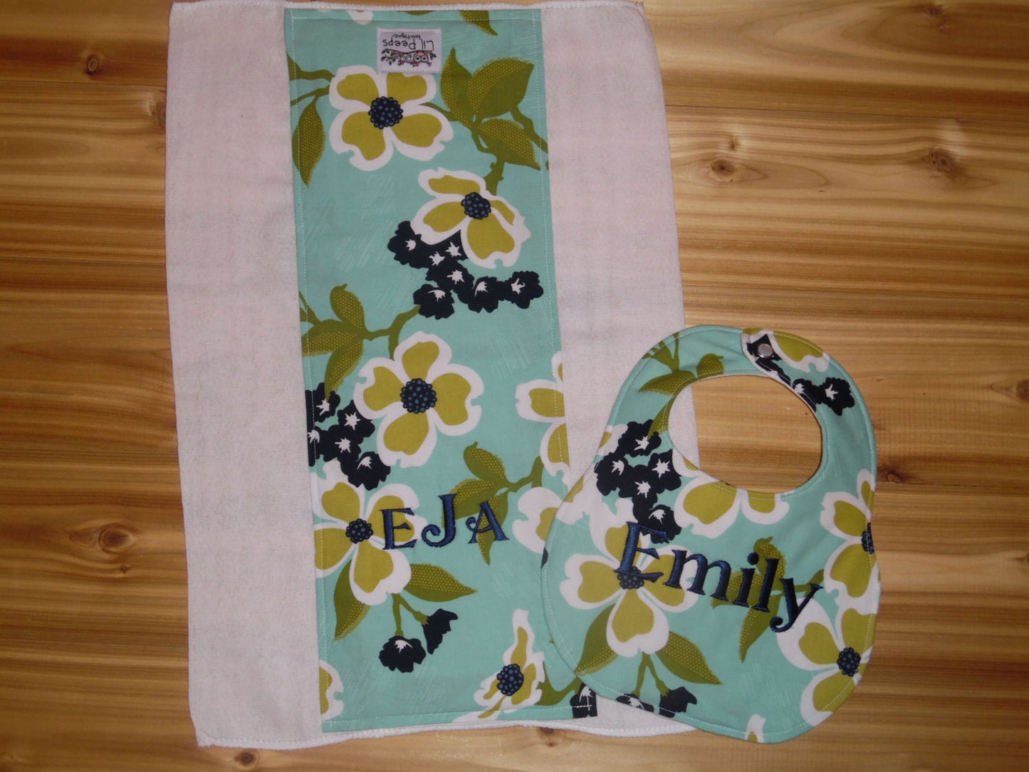 Personalized Boutique Bib and Burp cloth set - Custom Monogram - Joel Dewberry Modern Meadow Dogwood Bloom Pond