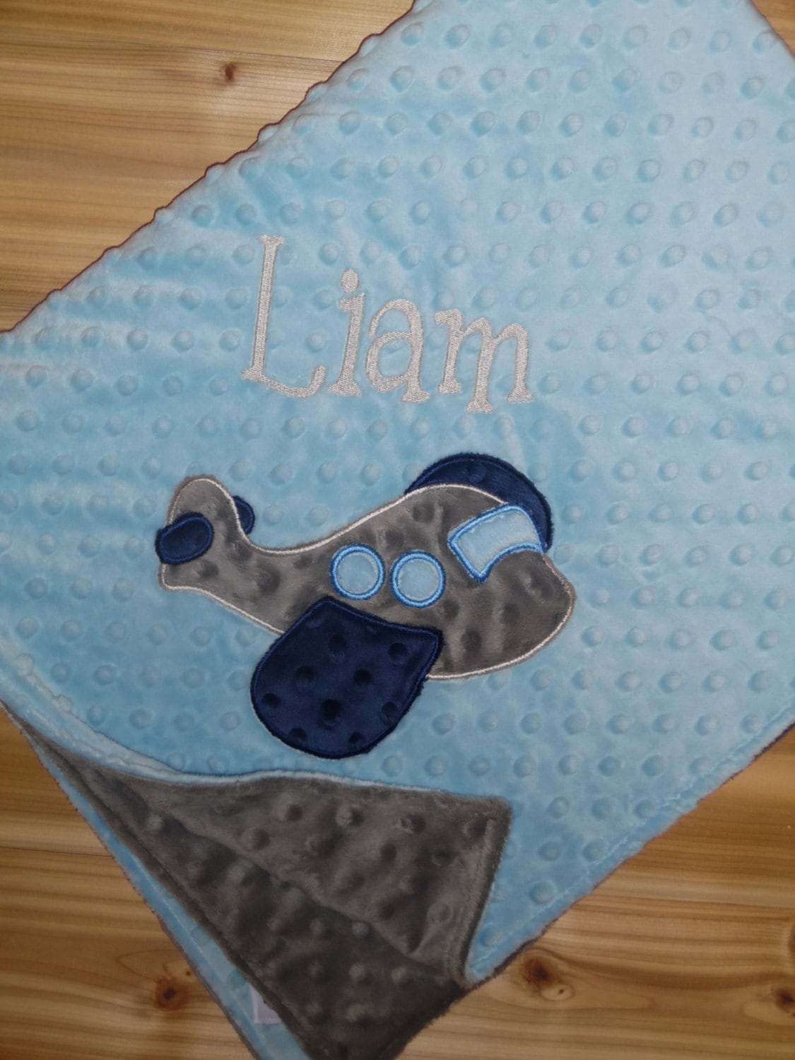 Airplane -Personalized Minky Baby Blanket - Baby Blue / Gray  Minky - Embroidered Airplane