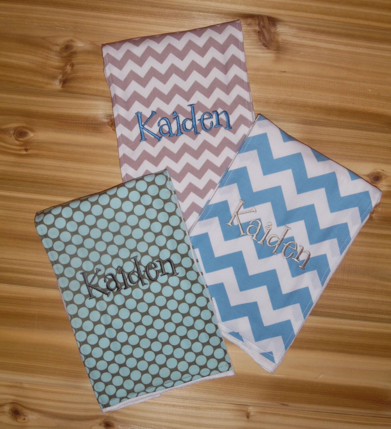 Personalized Burp Cloth Set of 3 - Grey Chevron, Blue Slate Polka Dots, Blue Chevron