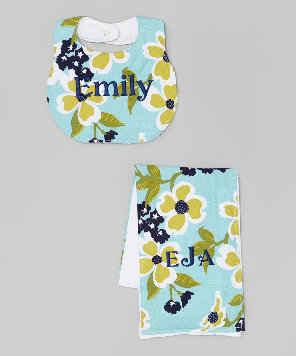 Personalized Boutique Bib and Burp cloth set - Custom Monogram - Joel Dewberry Modern Meadow Dogwood Bloom Pond