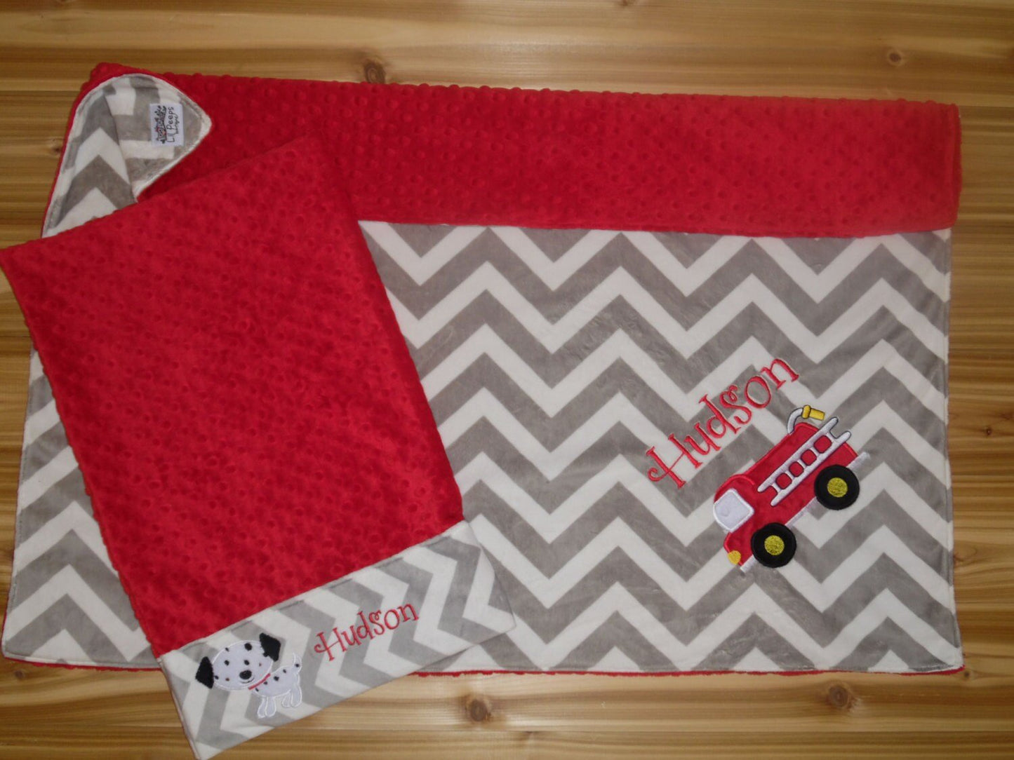 Firetruck Nap Set - Personalized Minky Blanket and Pillowcase with embroidered Firetruck - Travel or Standard Size