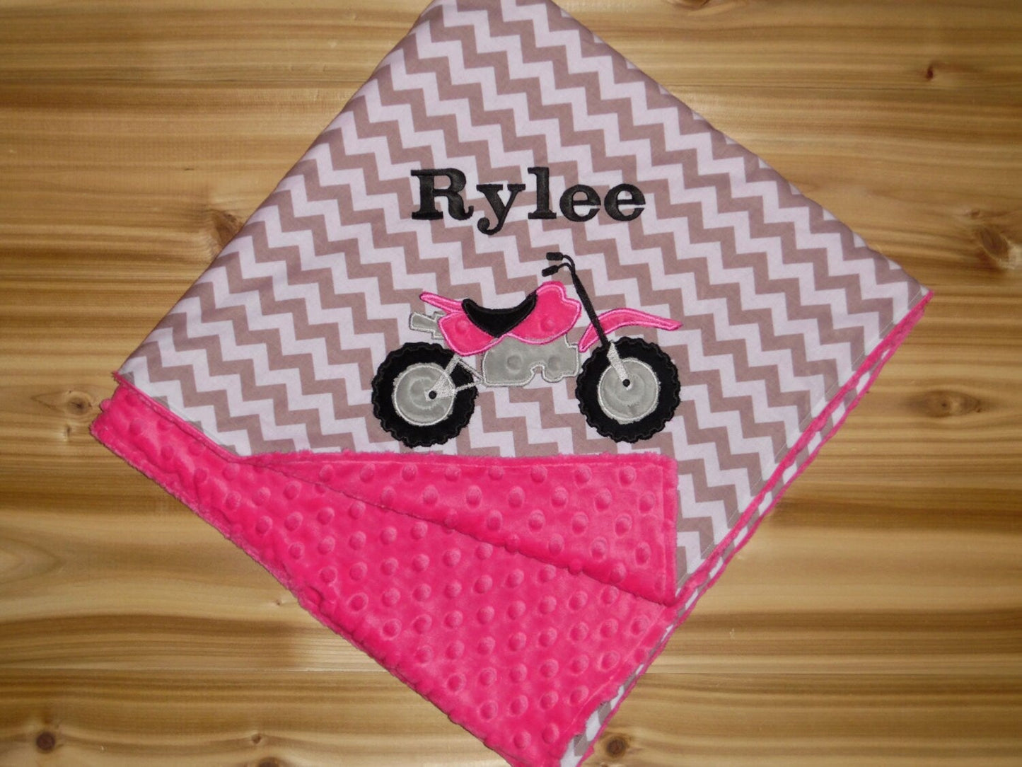 Dirt Bike- Personalized Minky Baby Blanket - Gray Chevron / Pink Minky - Embroidered Dirt Bike