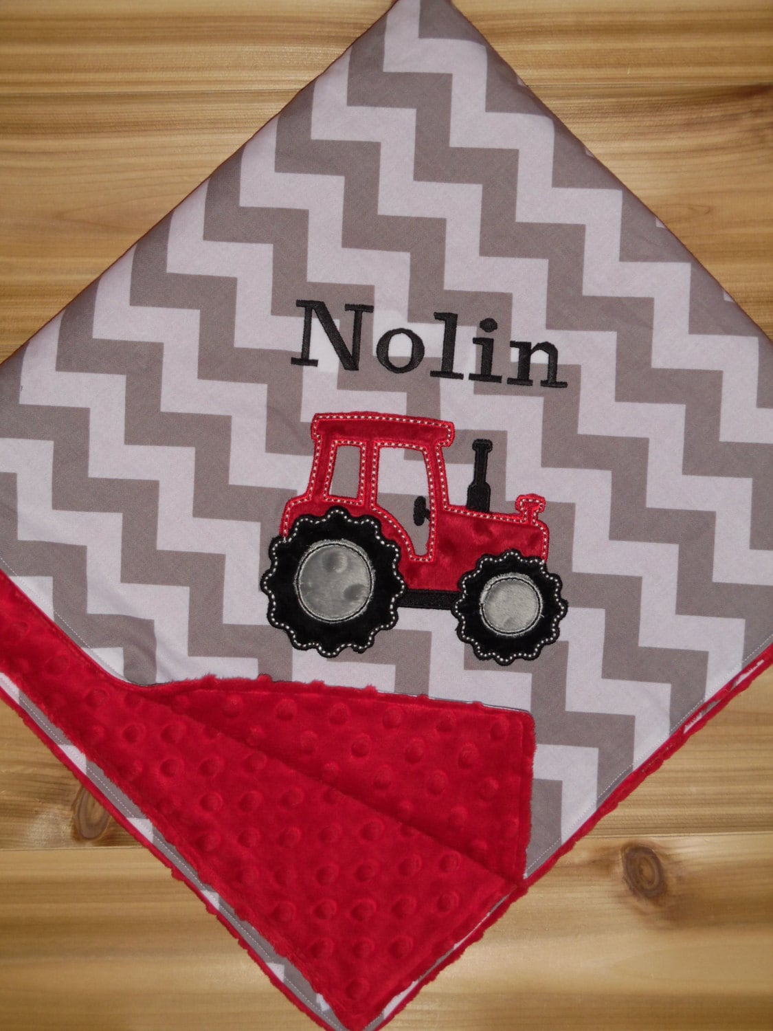 Tractor  - Chevron & Minky Baby Blanket with Embroidered Tractor