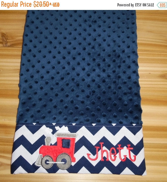 Pillowcase -Custom Monogrammed Minky Pillowcase with Minky Train- Navy