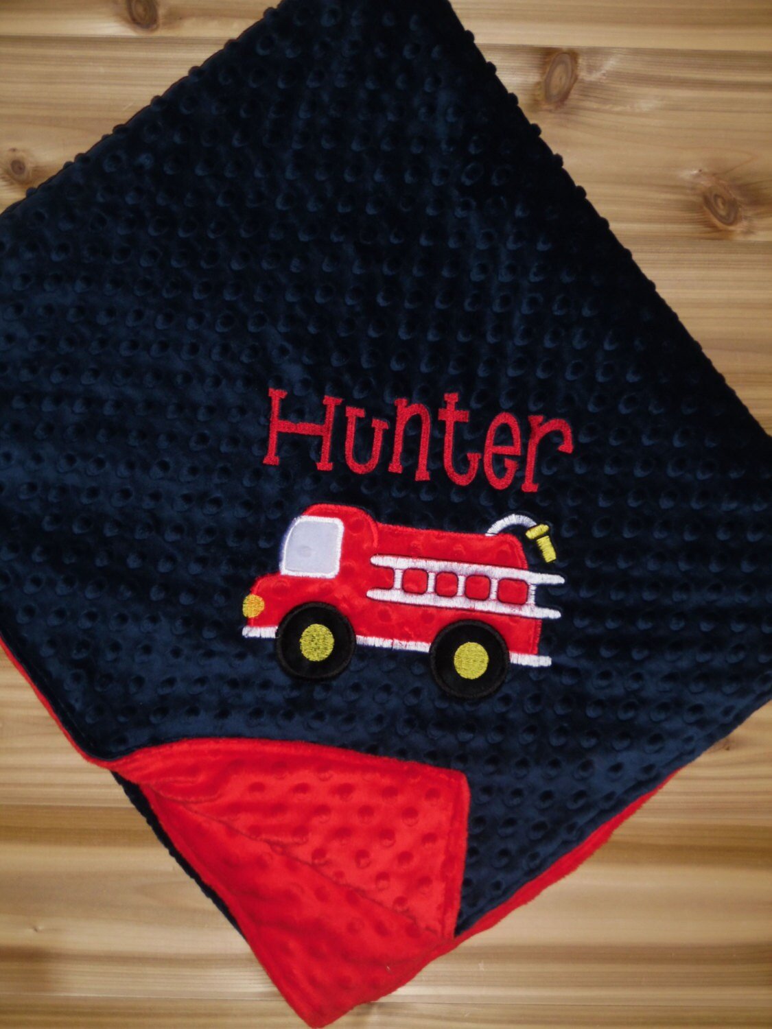 Fire Truck - Personalized Minky Baby Blanket - Red and Navy Minky - Embroidered Fire Truck