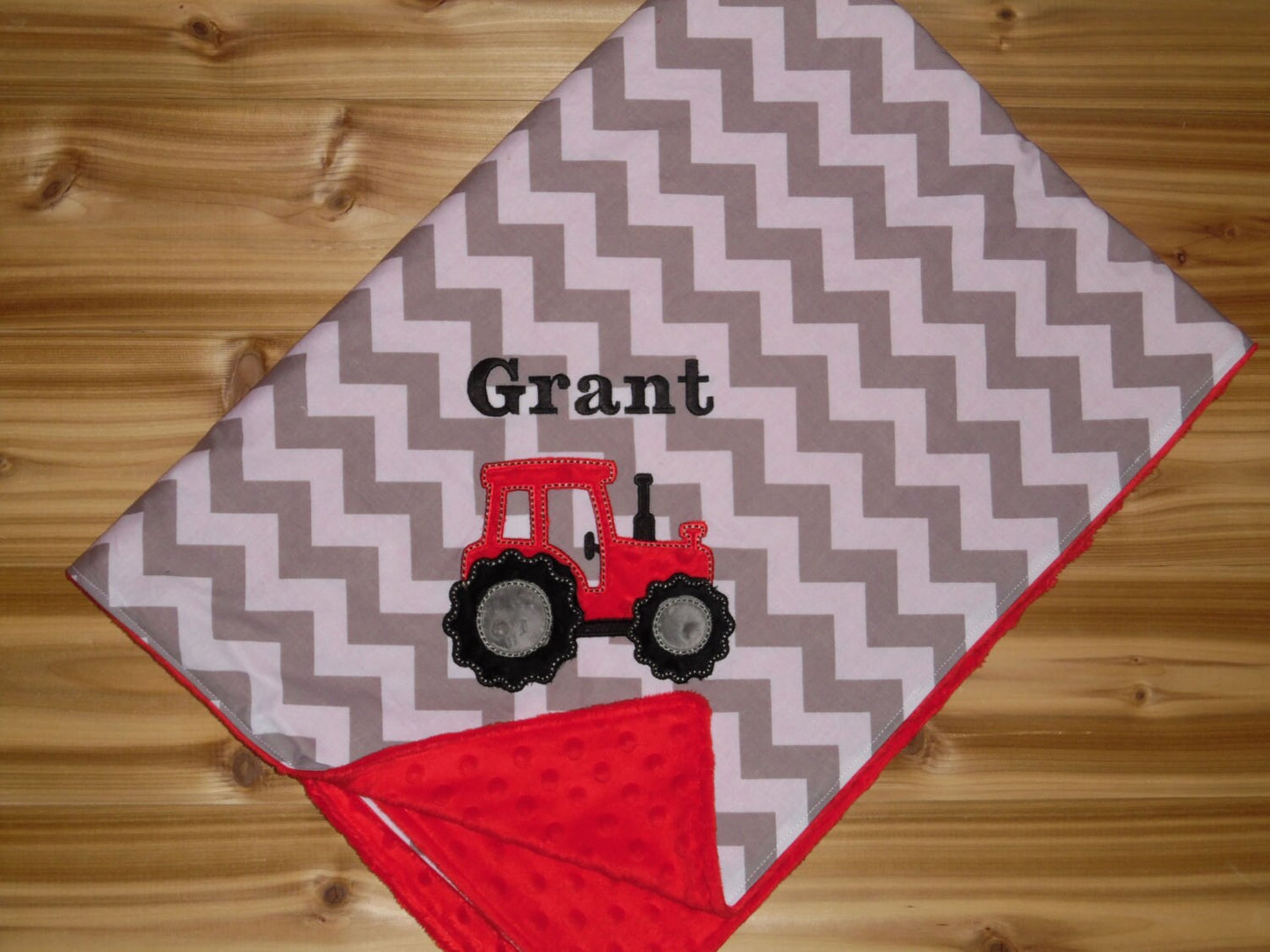 Tractor  - Chevron & Minky Baby Blanket with Embroidered Tractor