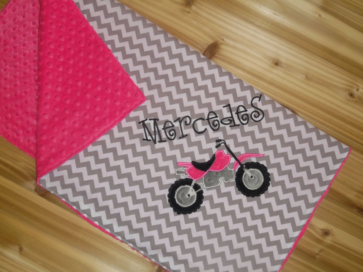 Dirt Bike- Personalized Minky Baby Blanket - Gray Chevron / Pink Minky - Embroidered Dirt Bike