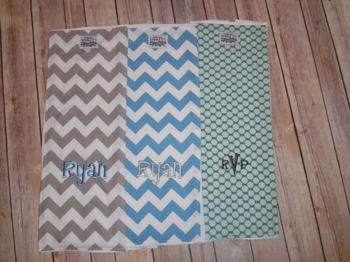 Personalized Burp Cloth Set of 3 - Grey Chevron, Blue Slate Polka Dots, Blue Chevron