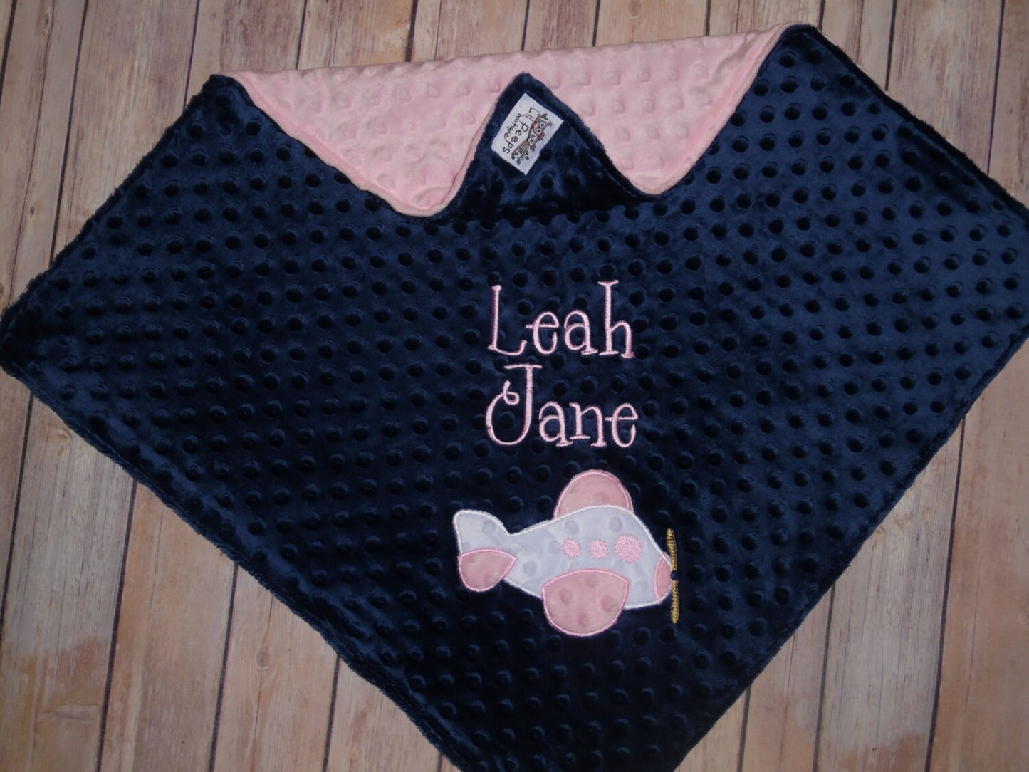 Airplane - Personalized Minky Blanket - Baby Pink / Navy  Minky - Embroidered Airplane